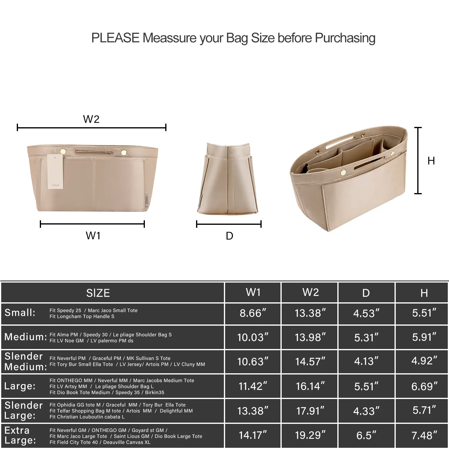 Design Purse Organizer Insert for Handbag & Tote Shaper, Tote Bag Organizer Insert for Speedy Neverfull - Available in 6 Sizes.