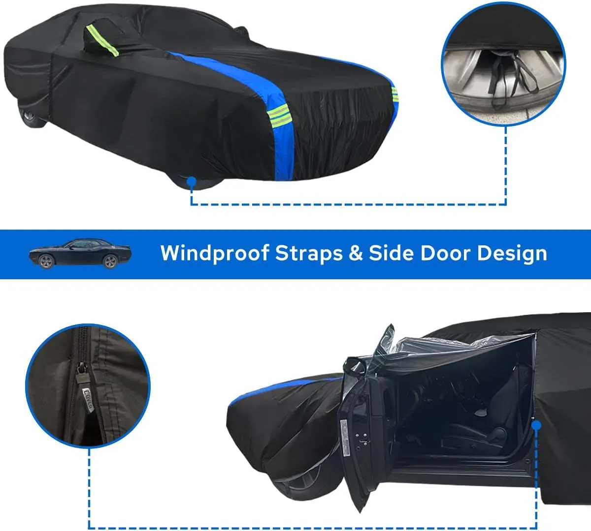 Dodge Challenger Car Cover Waterproof All Weather for Automobiles, Outdoor Full Exterior Covers Fit 2008-2023 Dodge Challenger with Windproof Strap and Driver Door Zipper