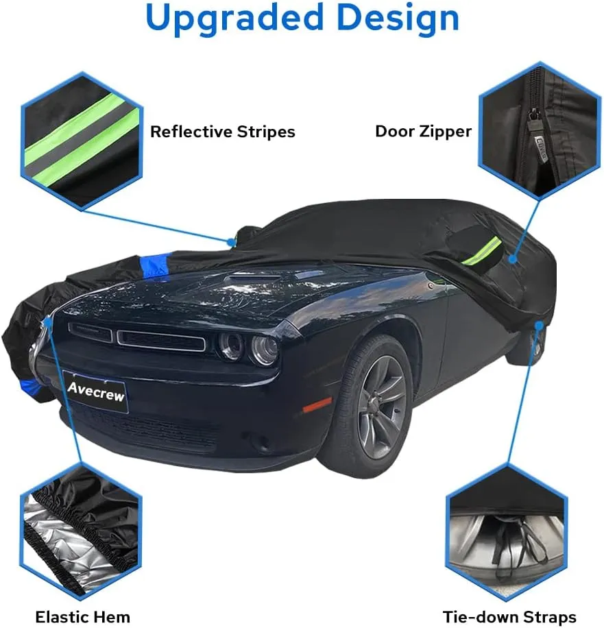 Dodge Challenger Car Cover Waterproof All Weather for Automobiles, Outdoor Full Exterior Covers Fit 2008-2023 Dodge Challenger with Windproof Strap and Driver Door Zipper