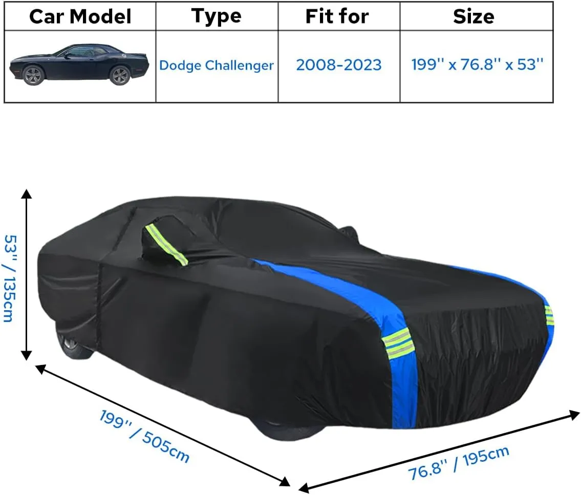 Dodge Challenger Car Cover Waterproof All Weather for Automobiles, Outdoor Full Exterior Covers Fit 2008-2023 Dodge Challenger with Windproof Strap and Driver Door Zipper