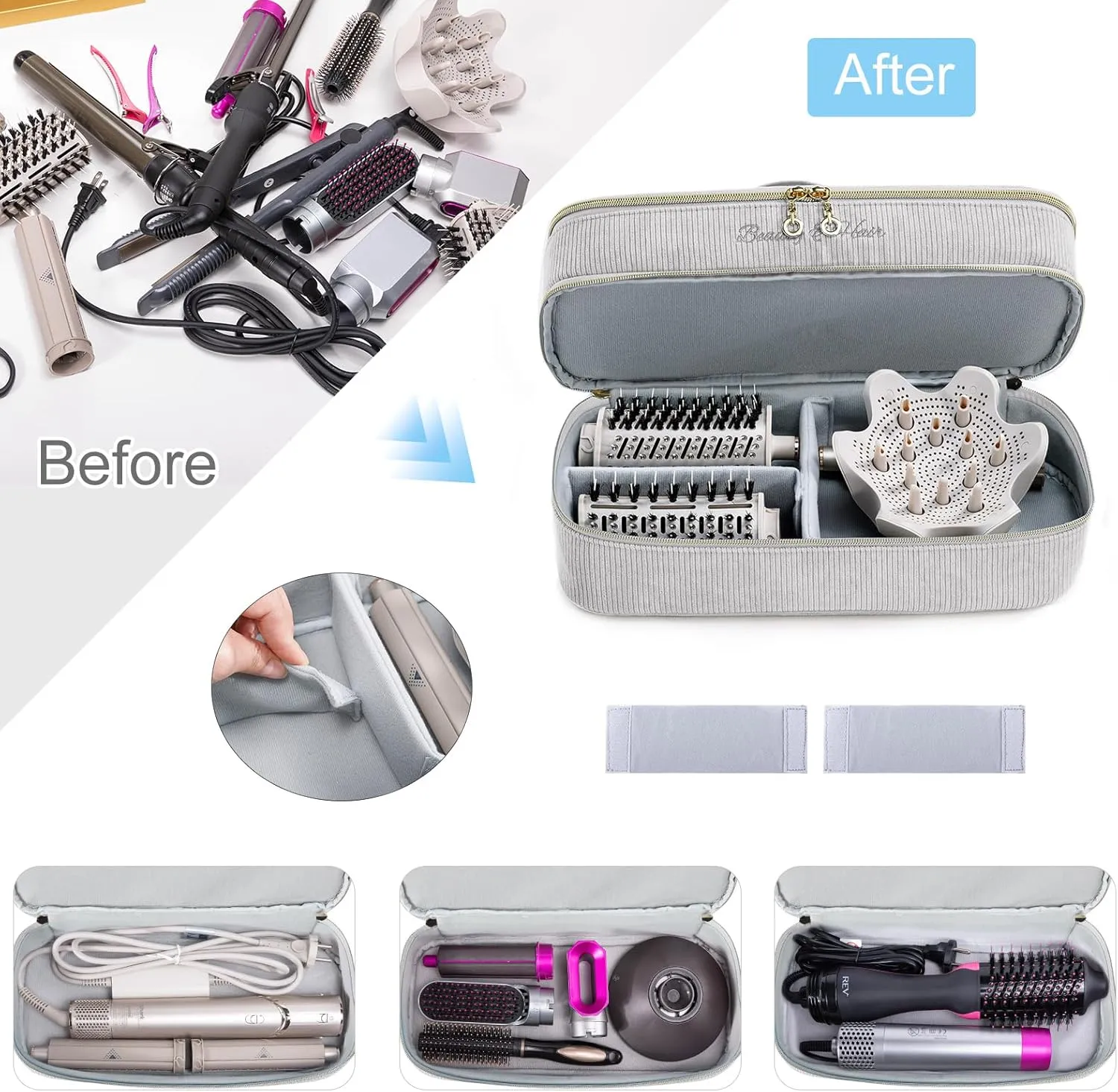 Double-layer Hair Tools Travel Case with Black Hair Dryer Bag with Detachable Divider compatible with Shark FlexStyle/SmoothStyle - Flat Curling Iron Travel Organizer