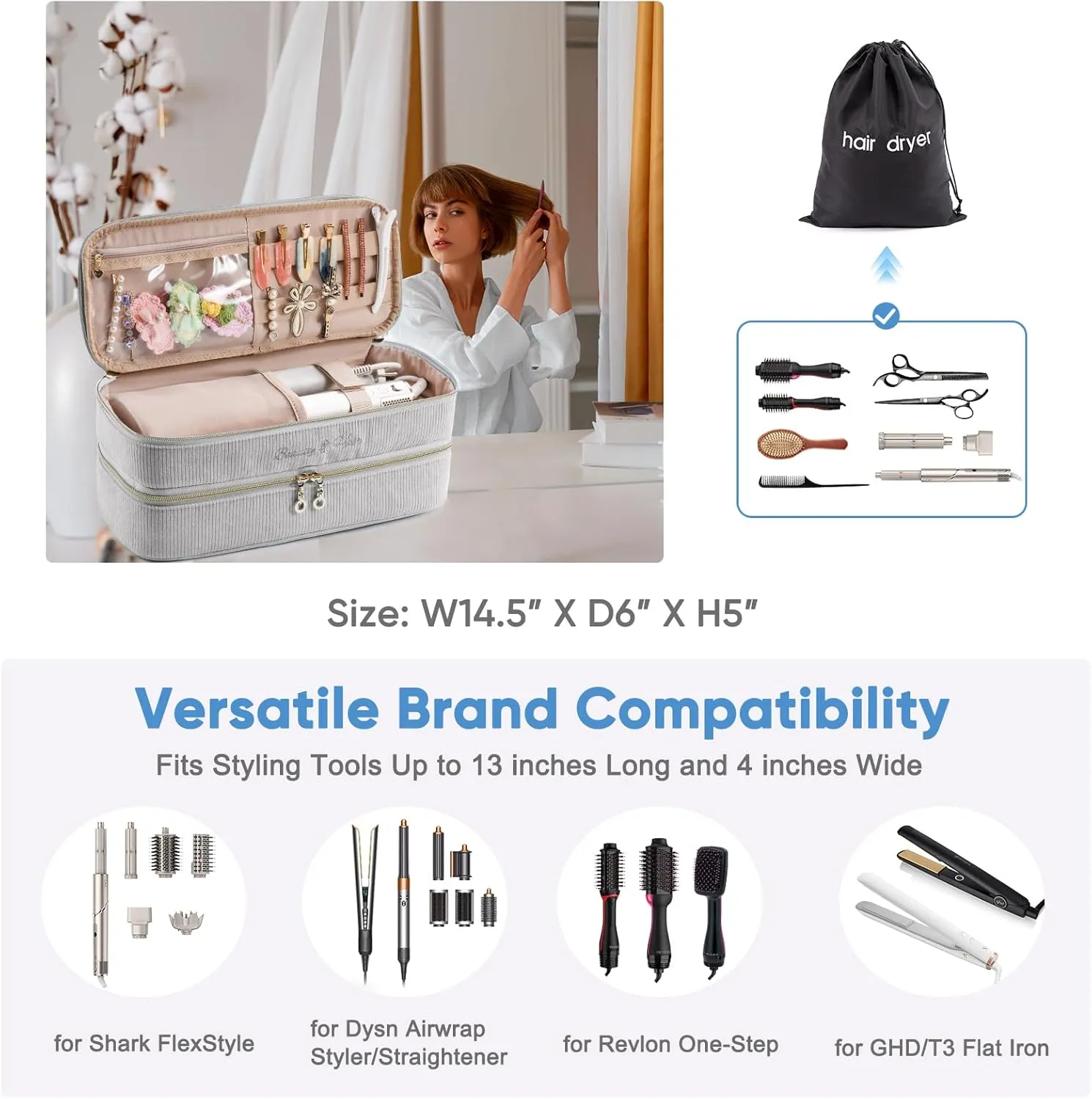 Double-layer Hair Tools Travel Case with Black Hair Dryer Bag with Detachable Divider compatible with Shark FlexStyle/SmoothStyle - Flat Curling Iron Travel Organizer
