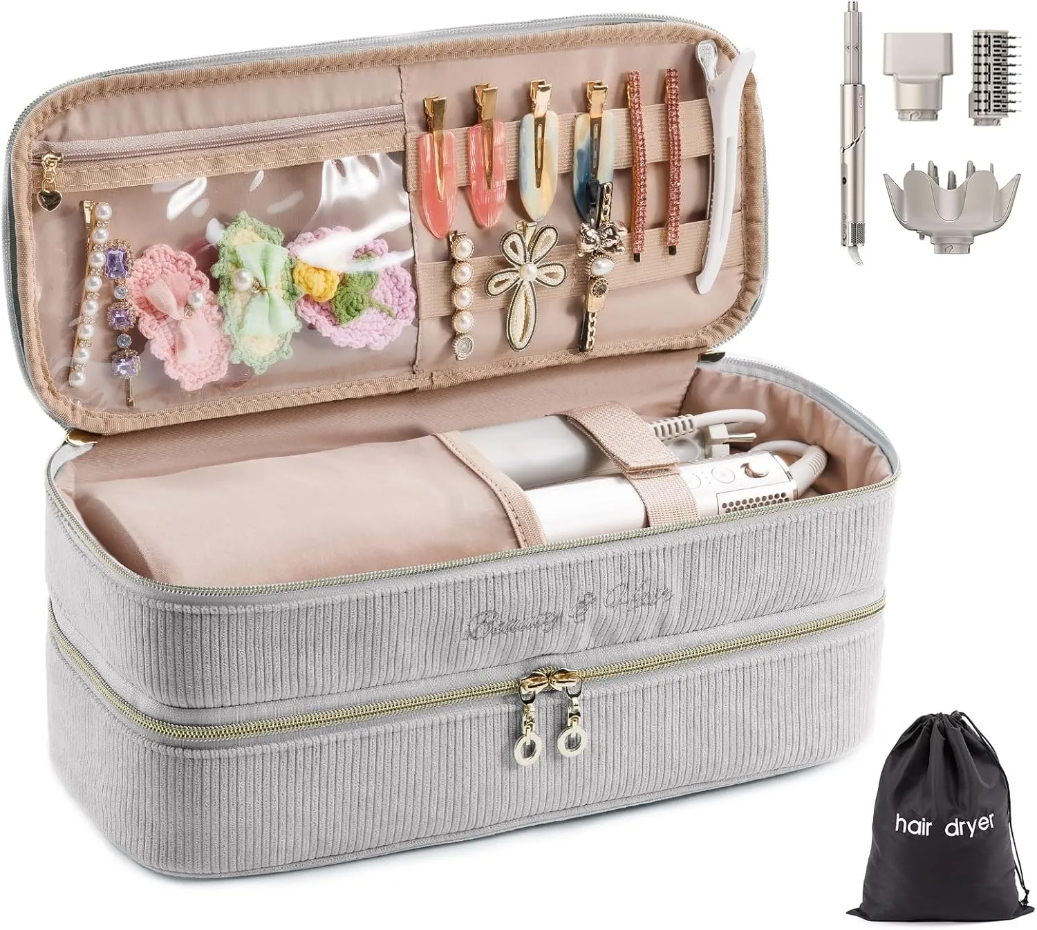 Double-layer Hair Tools Travel Case with Black Hair Dryer Bag with Detachable Divider compatible with Shark FlexStyle/SmoothStyle - Flat Curling Iron Travel Organizer