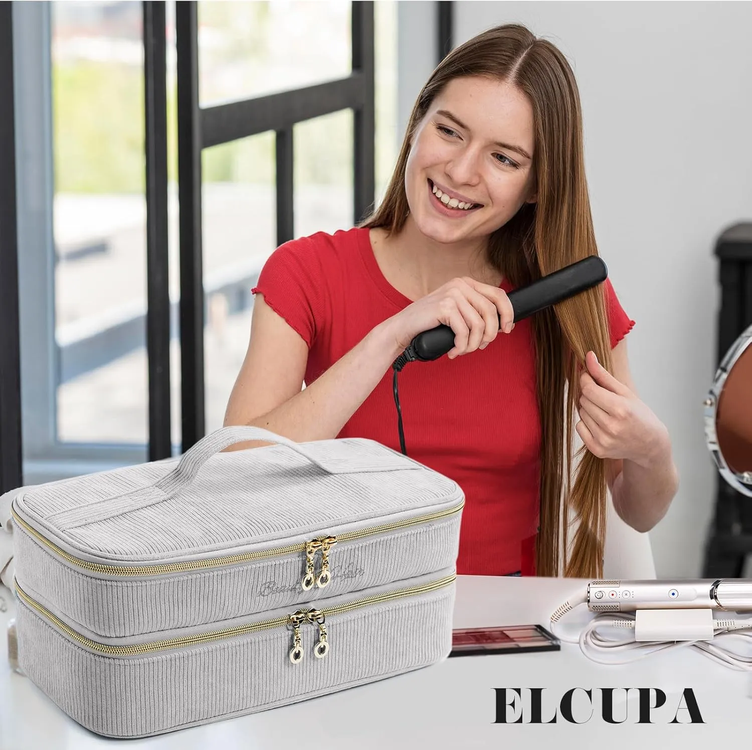 Double-layer Hair Tools Travel Case with Black Hair Dryer Bag with Detachable Divider compatible with Shark FlexStyle/SmoothStyle - Flat Curling Iron Travel Organizer