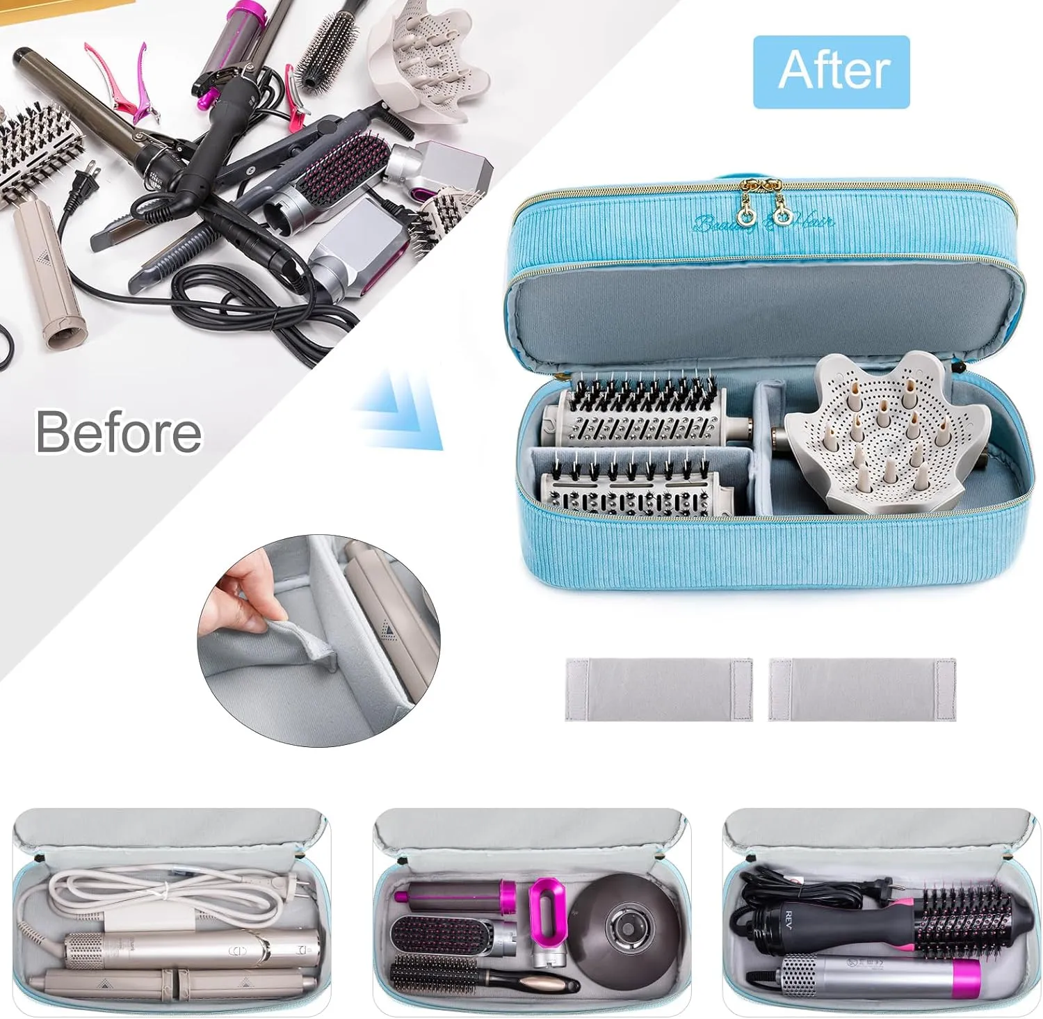 Double-layer Hair Tools Travel Case with Black Hair Dryer Bag with Detachable Divider compatible with Shark FlexStyle/SmoothStyle - Flat Curling Iron Travel Organizer