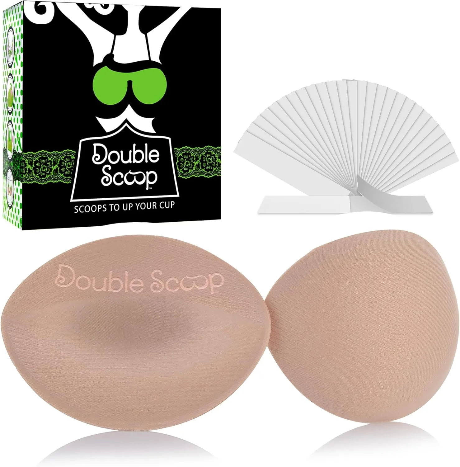 Double Scoop® Push Up Inserts w/Bonus Tape Sticky Strips, Instant Breast Implants, Replacement Bra Pads, Add a Cup A/B,C,D