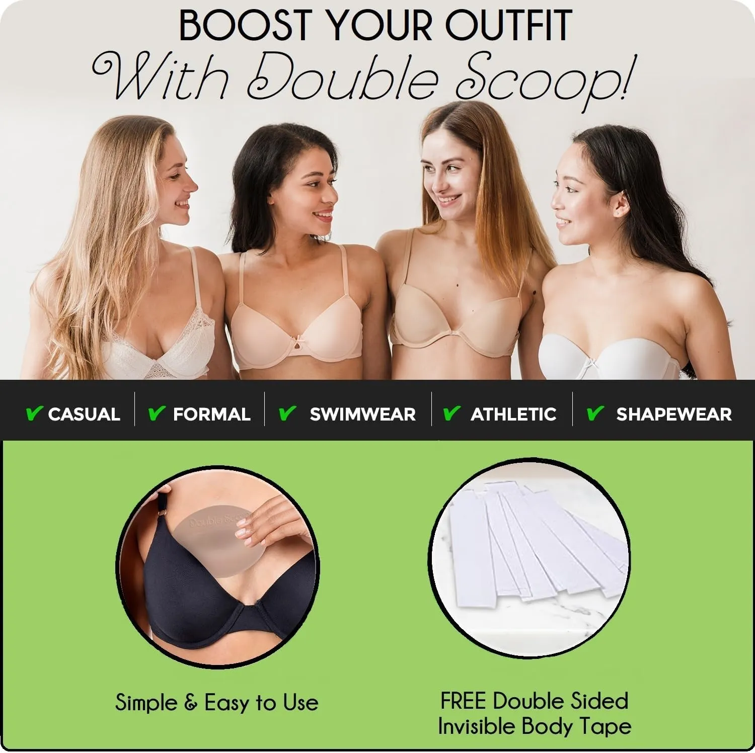 Double Scoop® Push Up Inserts w/Bonus Tape Sticky Strips, Instant Breast Implants, Replacement Bra Pads, Add a Cup A/B,C,D