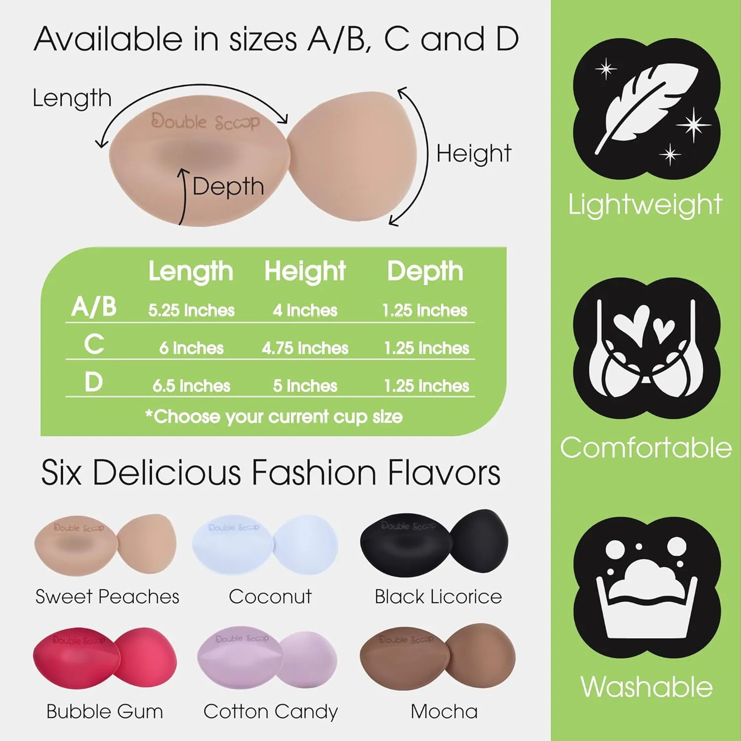 Double Scoop® Push Up Inserts w/Bonus Tape Sticky Strips, Instant Breast Implants, Replacement Bra Pads, Add a Cup A/B,C,D