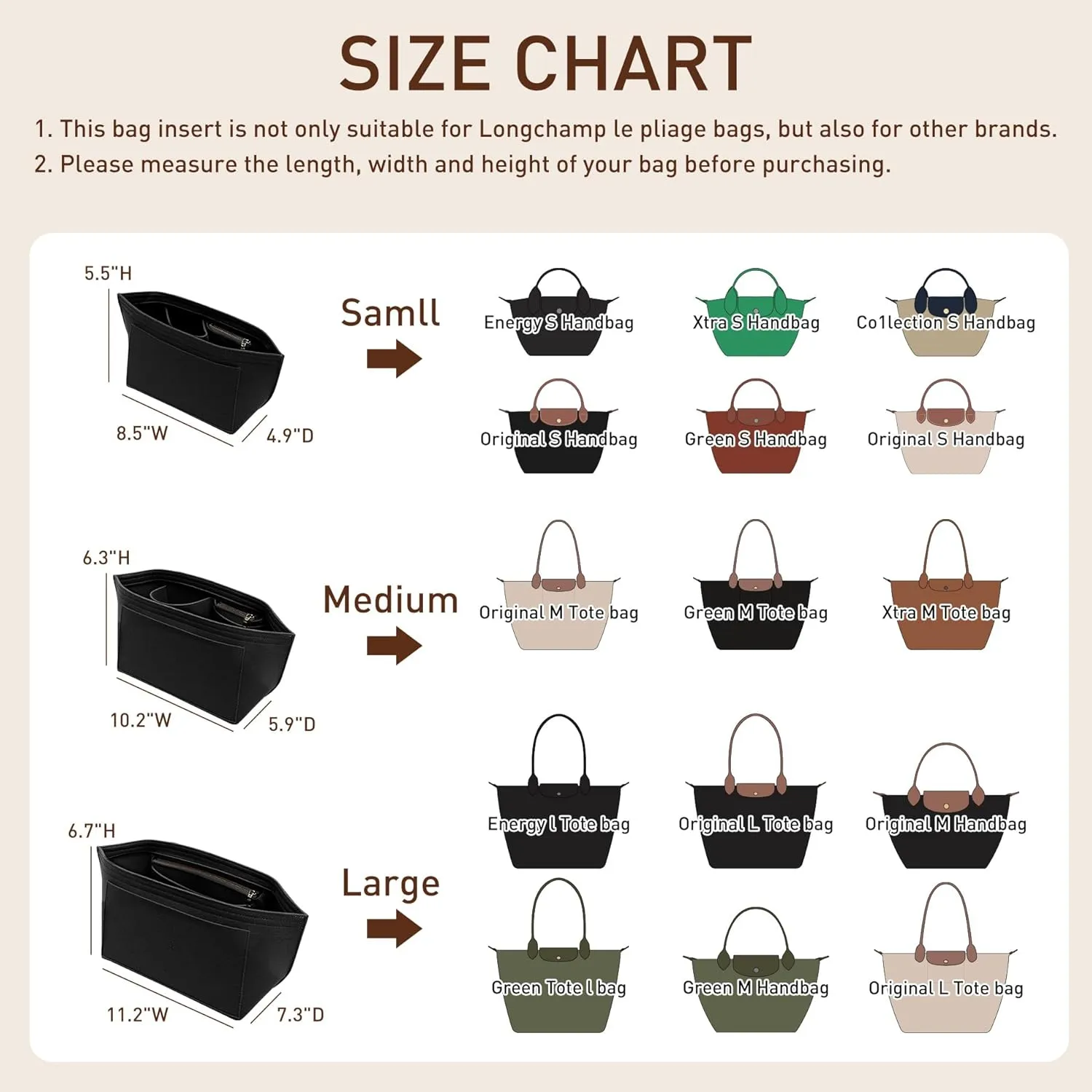 Doxo Longchamp Small Organizer Insert, Felt Bag Organizer with Cup Holderp,Suitable for Le pliage S Handbag and More(Black,S)