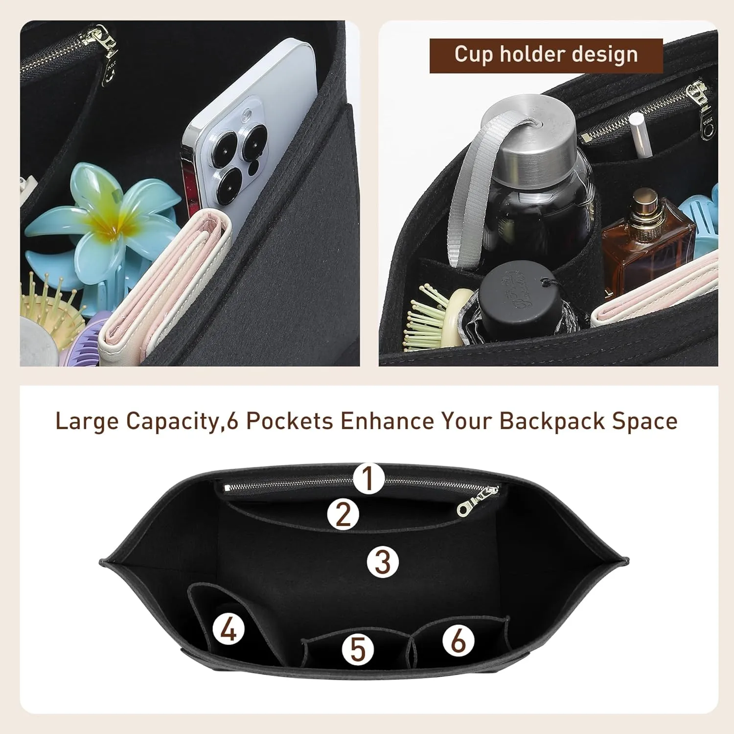 Doxo Longchamp Small Organizer Insert, Felt Bag Organizer with Cup Holderp,Suitable for Le pliage S Handbag and More(Black,S)