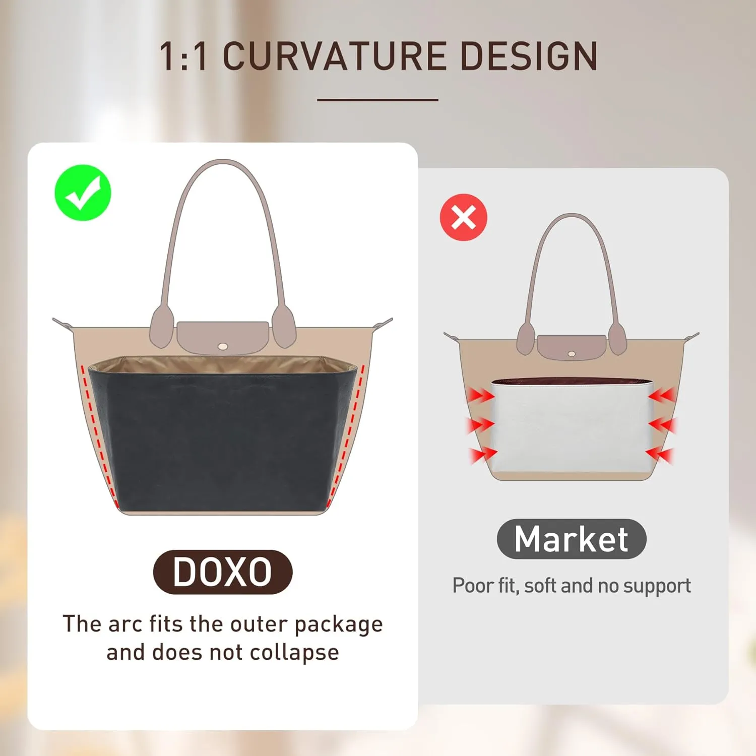 Doxo New DupontPaper Purse Organizer Insert Compatible with Longchamp Le Pliage L Handbag Insert, Lightweight Waterproof Le Pliage Large Organizer(Black&Brown, Large)