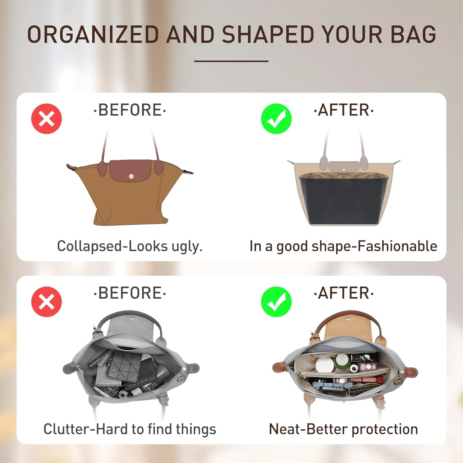 Doxo New DupontPaper Purse Organizer Insert Compatible with Longchamp Le Pliage L Handbag Insert, Lightweight Waterproof Le Pliage Large Organizer(Black&Brown, Large)