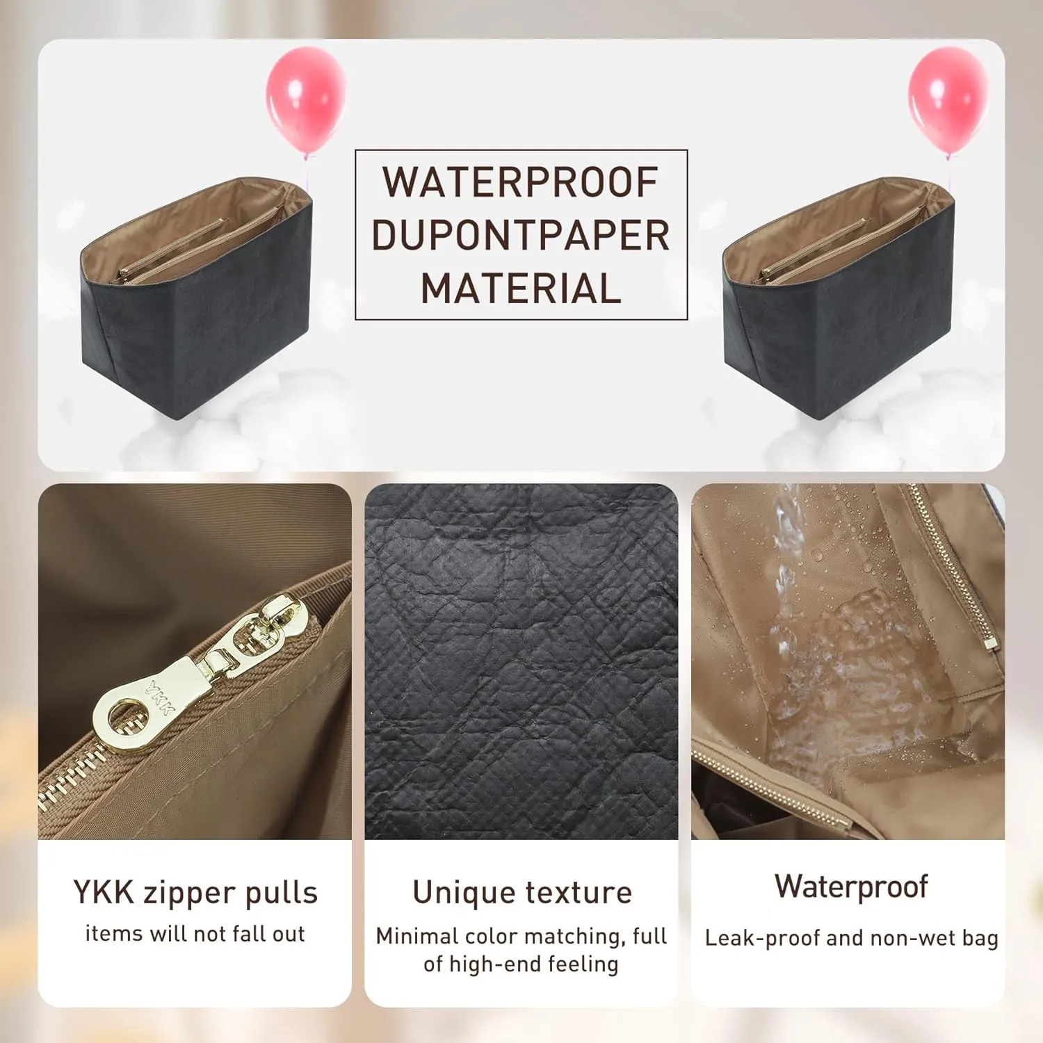 Doxo New DupontPaper Purse Organizer Insert Compatible with Longchamp Le Pliage L Handbag Insert, Lightweight Waterproof Le Pliage Large Organizer(Black&Brown, Large)