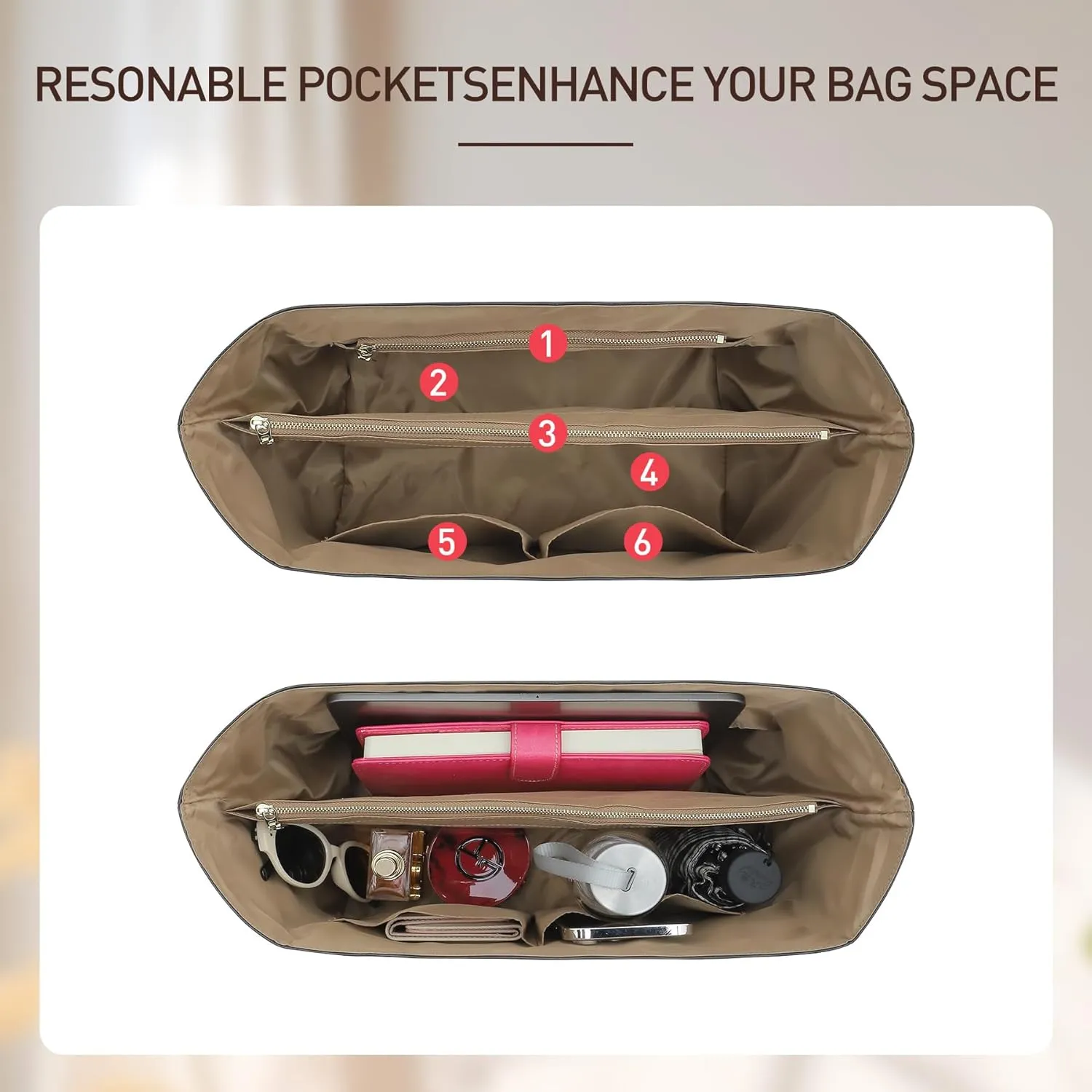 Doxo New DupontPaper Purse Organizer Insert Compatible with Longchamp Le Pliage L Handbag Insert, Lightweight Waterproof Le Pliage Large Organizer(Black&Brown, Large)