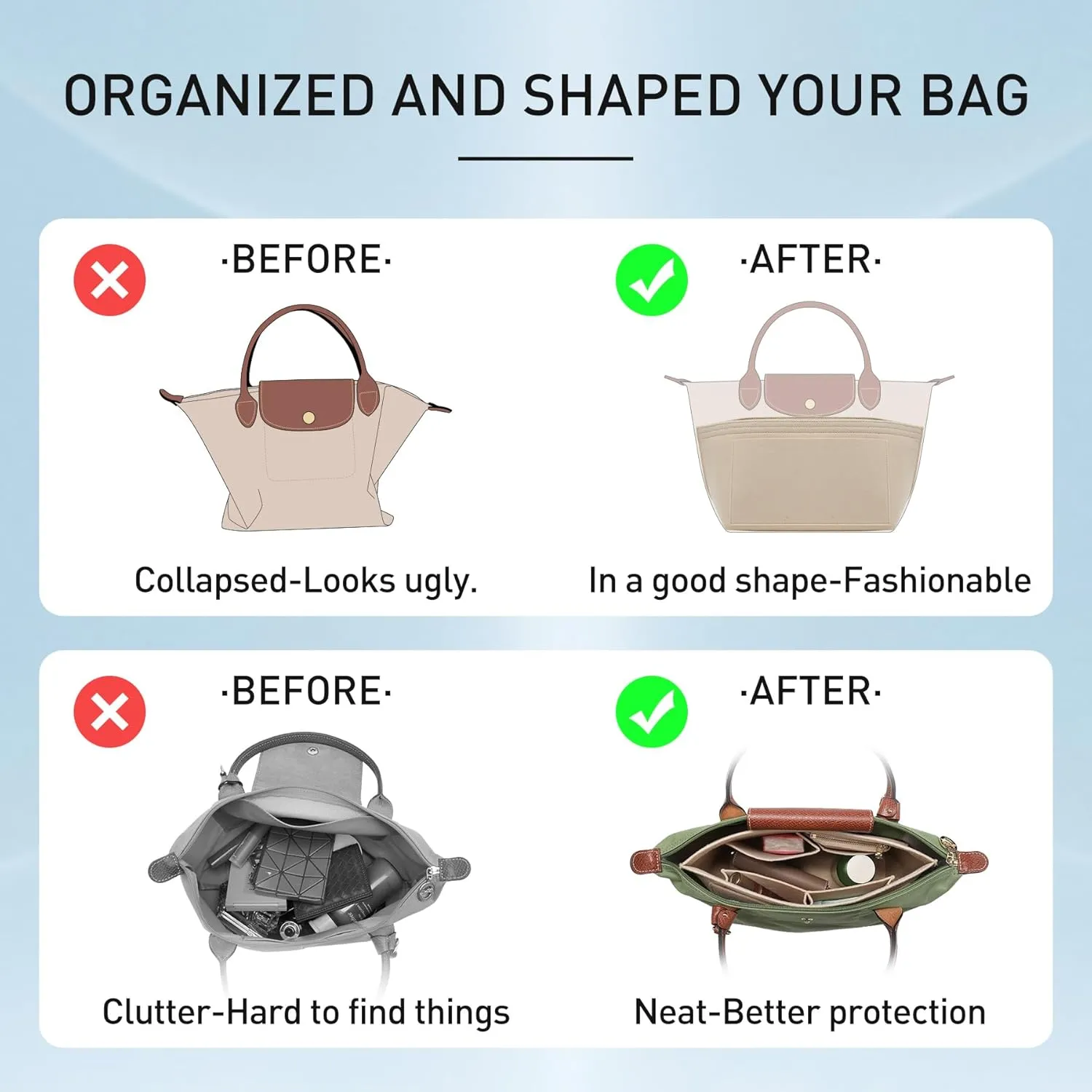 Doxo Purse Organizer Insert Bag Compatible with Longchamp Le Pliage Large Tote Handbags (L,Gold Brown)