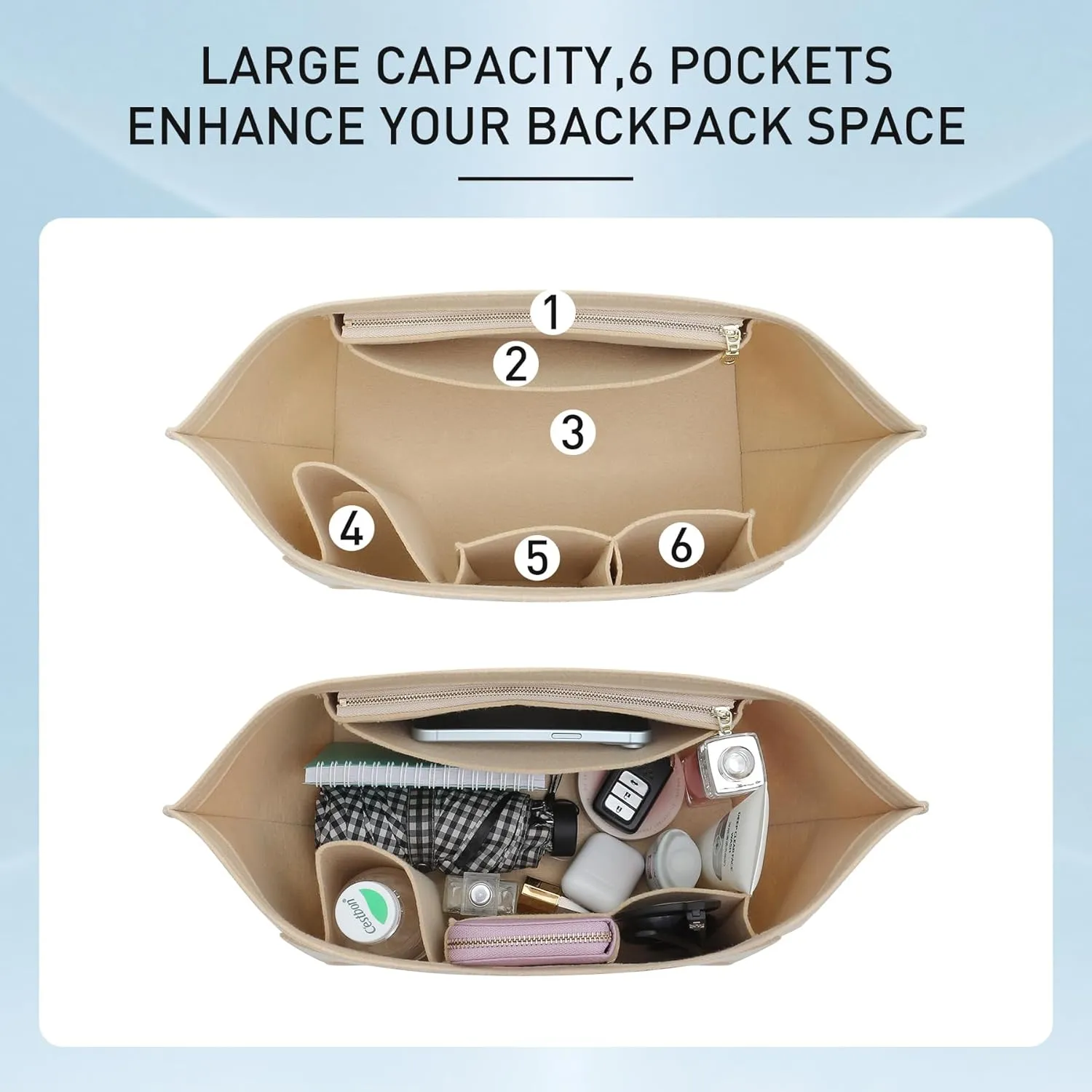 Doxo Purse Organizer Insert Bag Compatible with Longchamp Le Pliage Large Tote Handbags (L,Gold Brown)