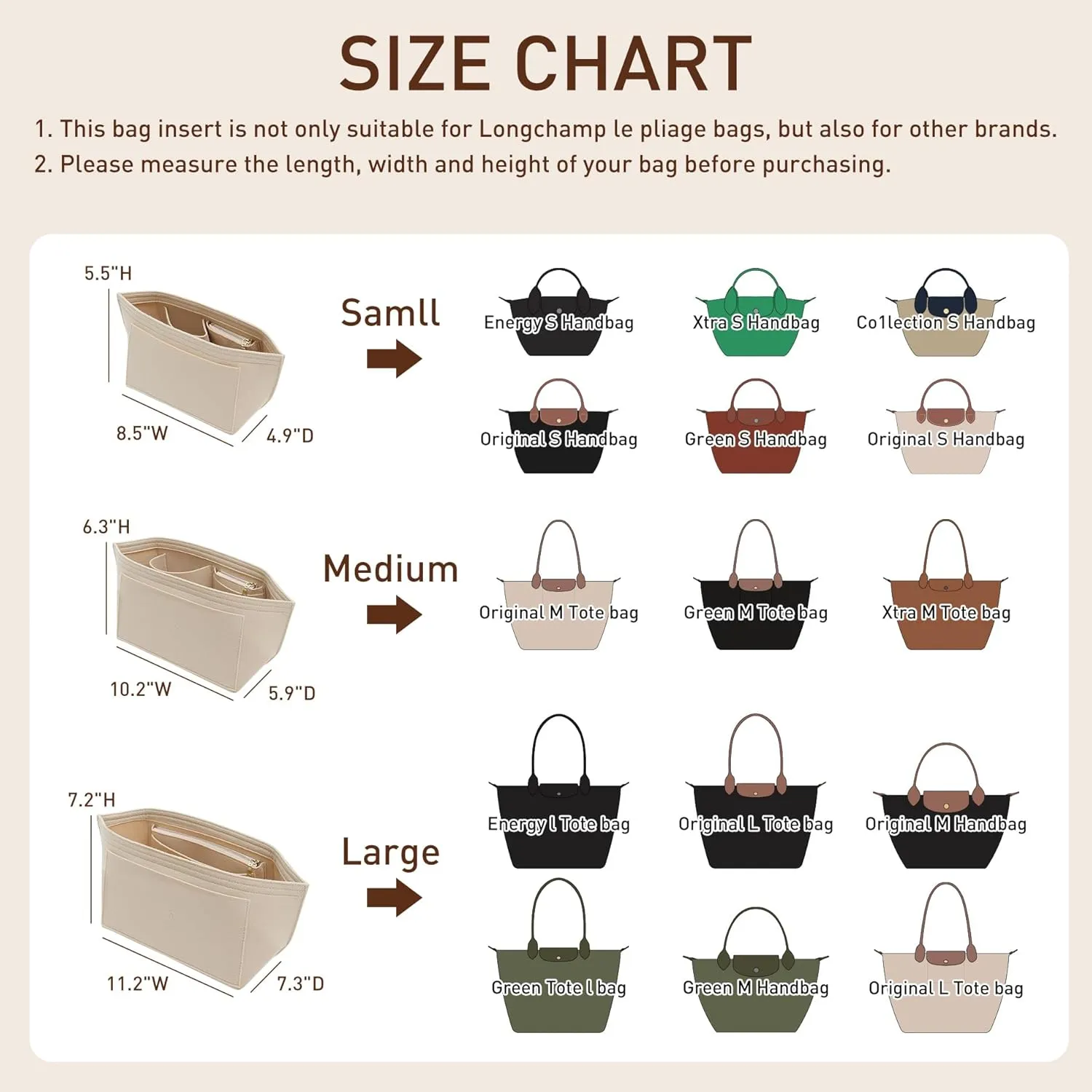 Doxo Purse Organizer Insert Compatible with Longchamp Le Pliage Large and More, Bag Organizer Insert with Cup Holder, 8 Compartments(Gold Brown,L)