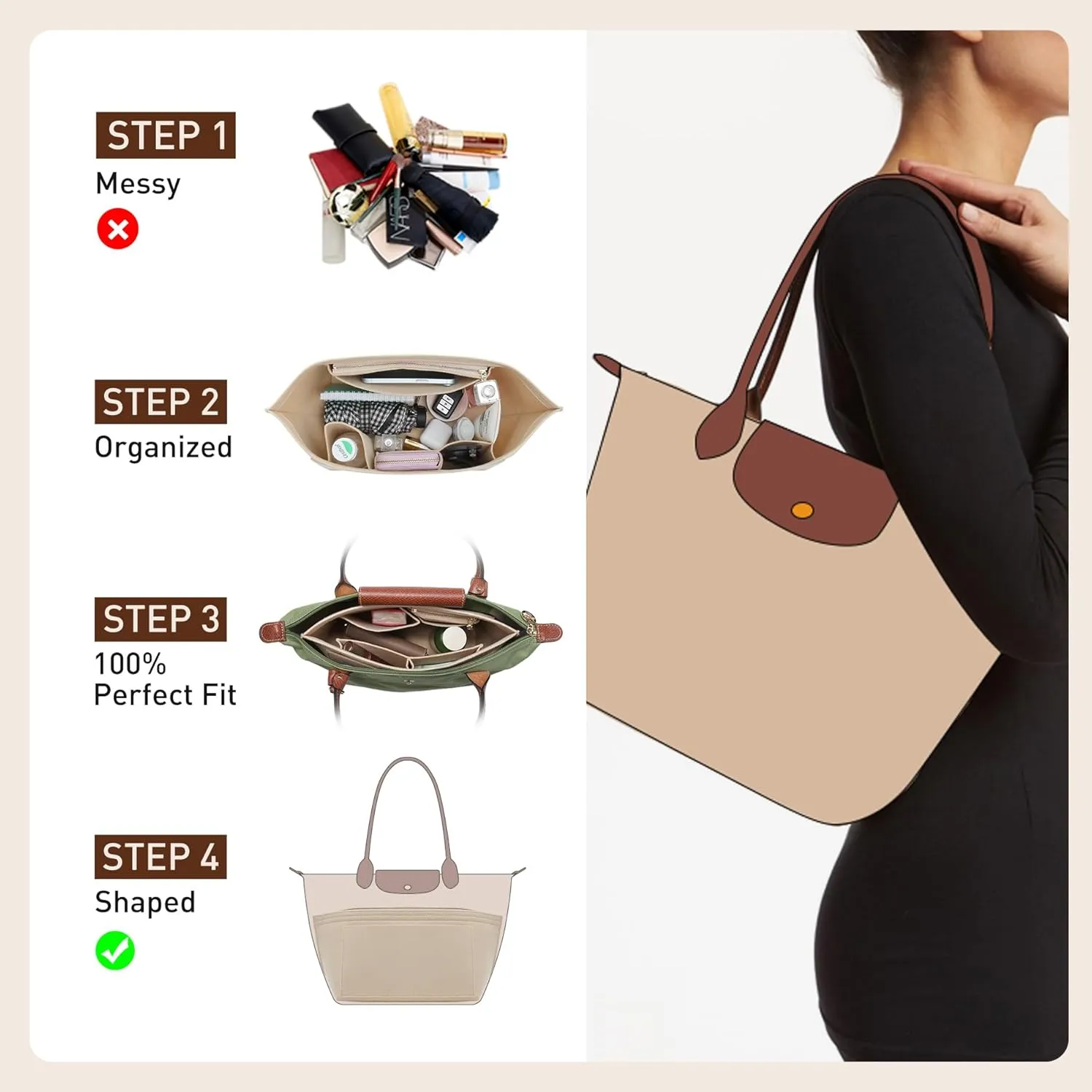 Doxo Purse Organizer Insert Compatible with Longchamp Le Pliage Large and More, Bag Organizer Insert with Cup Holder, 8 Compartments(Gold Brown,L)