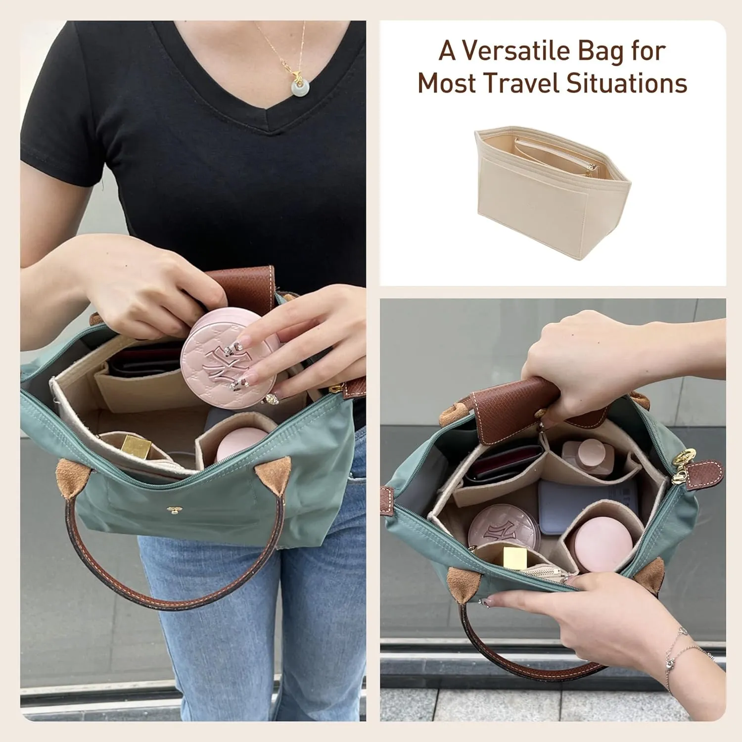 Doxo Purse Organizer Insert Compatible with Longchamp Le Pliage Large and More, Bag Organizer Insert with Cup Holder, 8 Compartments(Gold Brown,L)