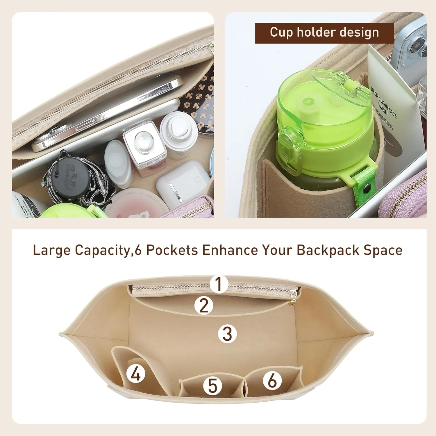 Doxo Purse Organizer Insert Compatible with Longchamp Le Pliage Large and More, Bag Organizer Insert with Cup Holder, 8 Compartments(Gold Brown,L)