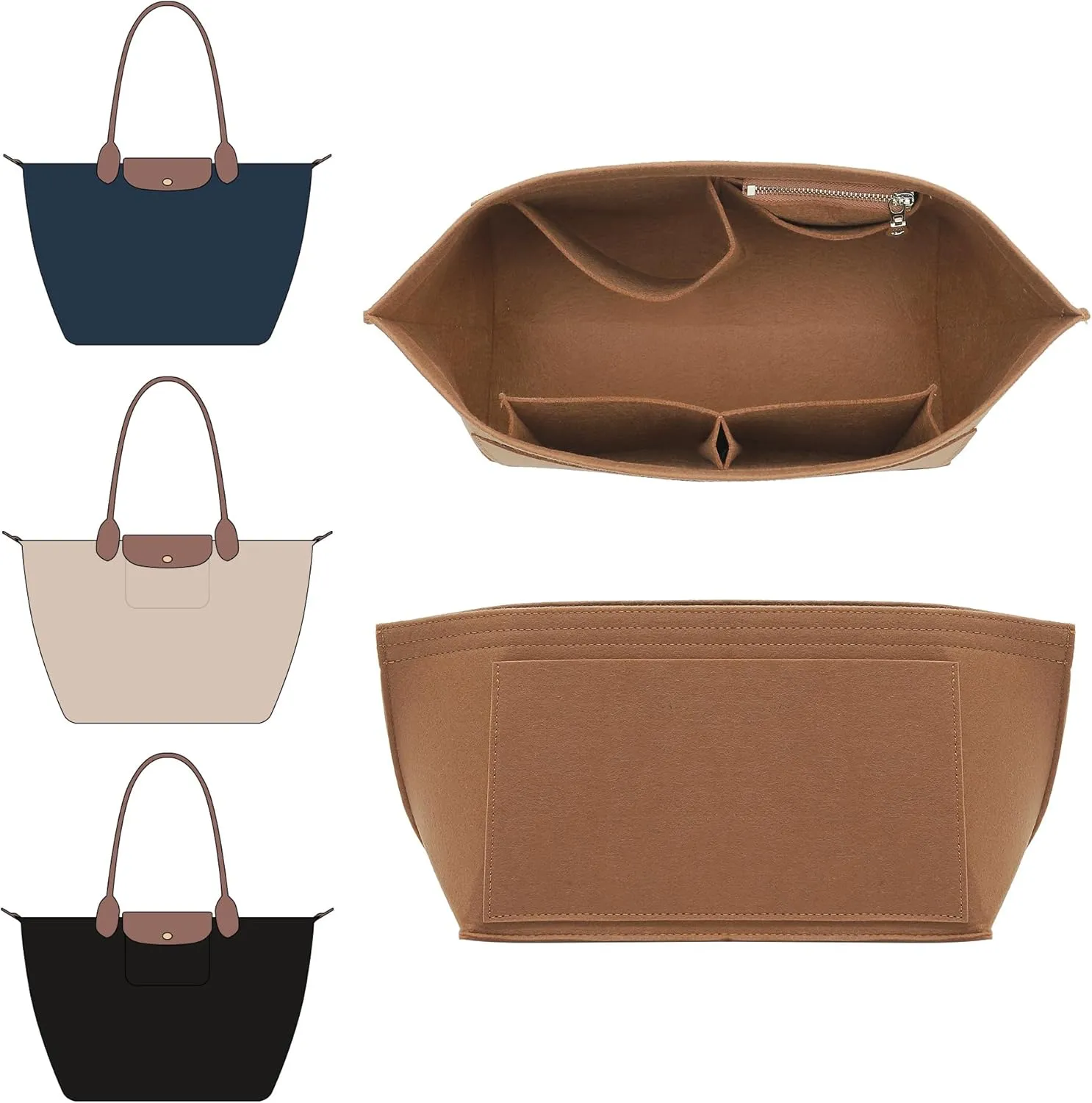 Doxo Purse Organizer Insert Compatible with Longchamp Le Pliage Large and More, Bag Organizer Insert with Cup Holder, 8 Compartments(Gold Brown,M)