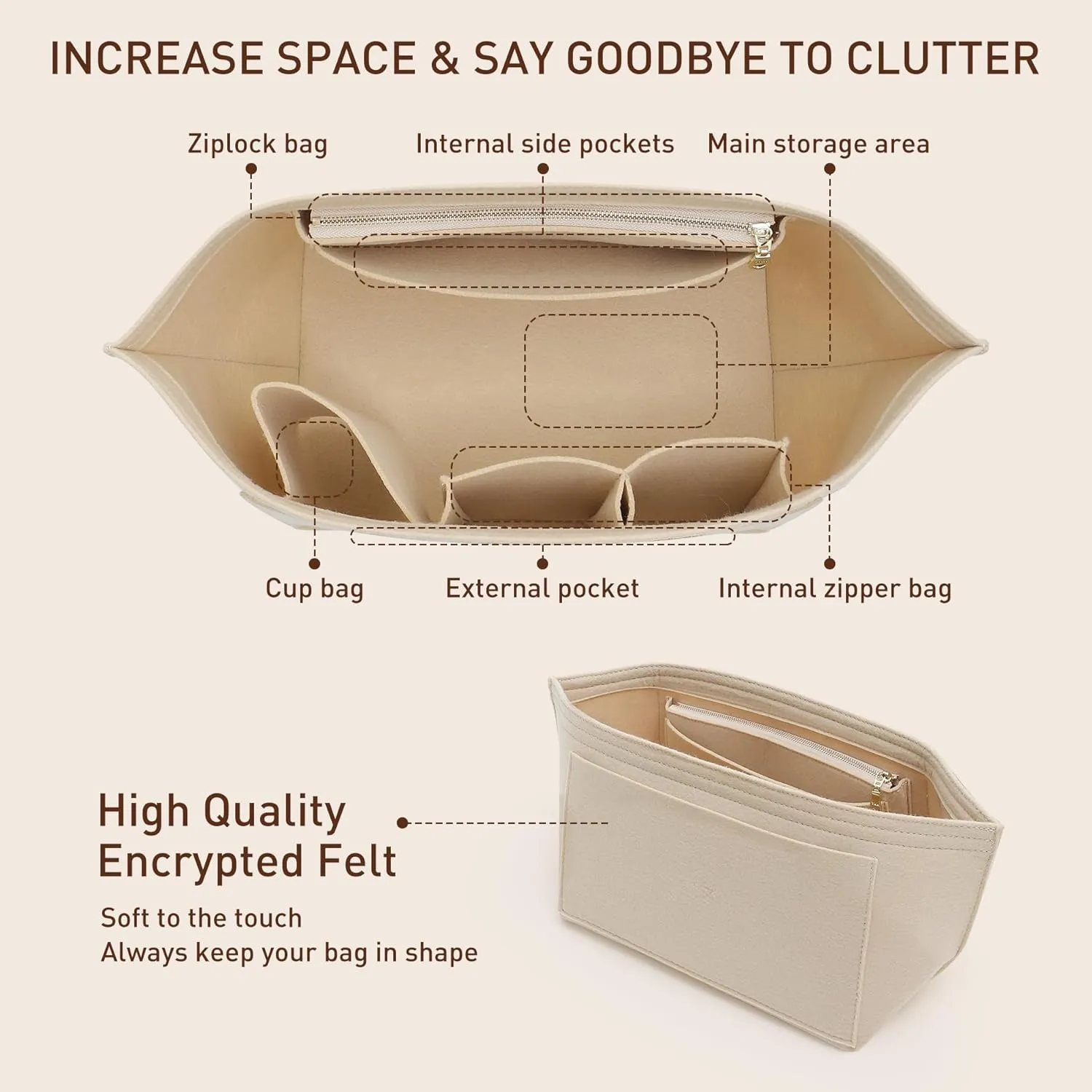 Doxo Purse Organizer Insert Compatible with Longchamp Le Pliage Large and More, Bag Organizer Insert with Cup Holder, 8 Compartments(Gold Brown,M)