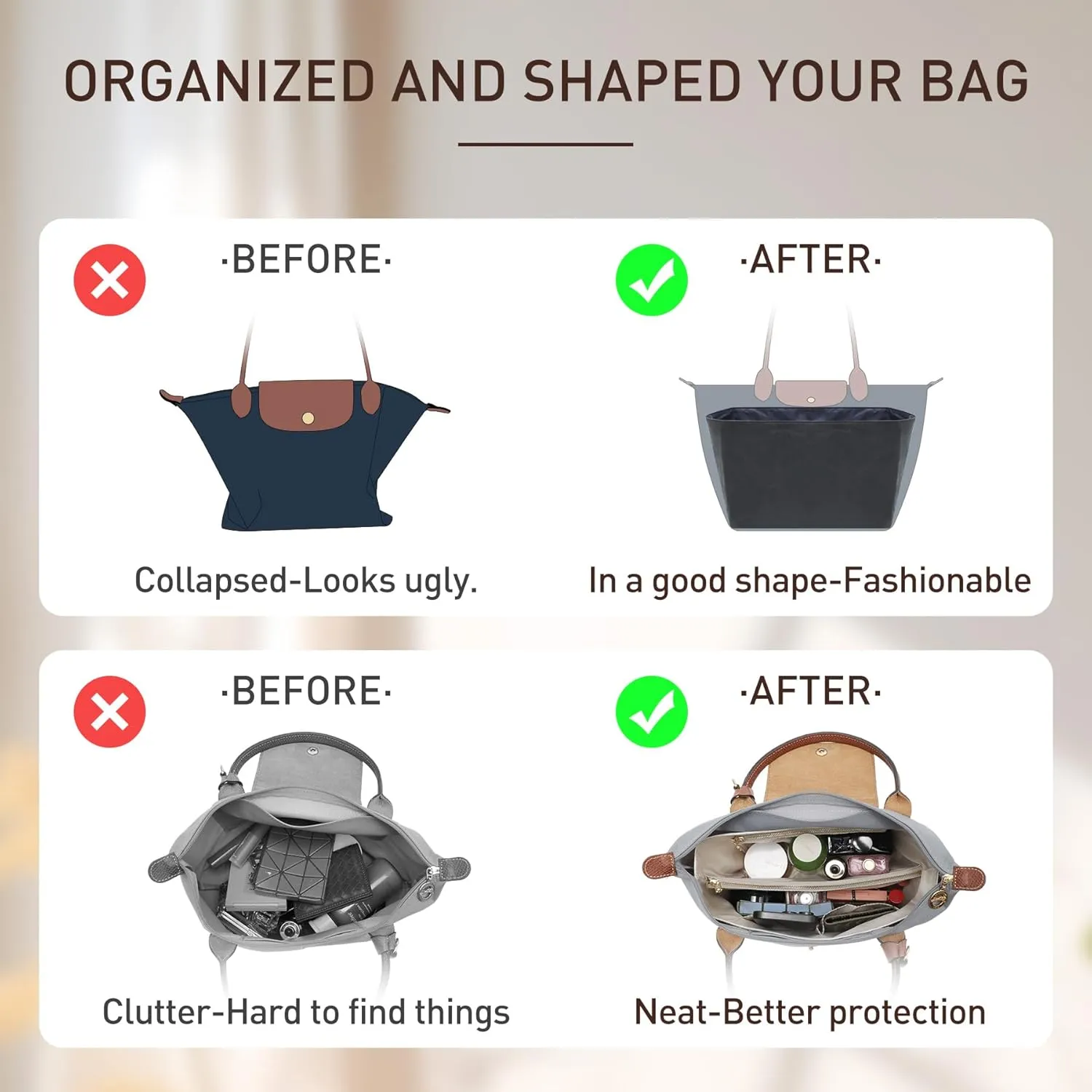 Doxo Upgraded longchamp Organizer Insert, Bag Organizer Insert for Long Champ Large and More, Ultra-light Waterproof DupontPaper le pliage Large Organizer, Keeps Tote Handbag Neat(Black&Blue,L)