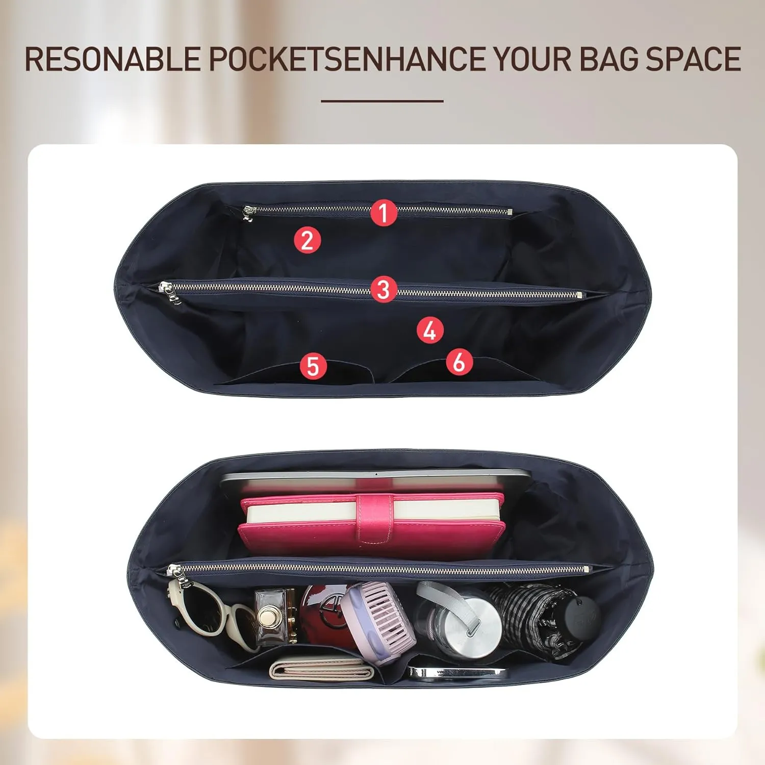 Doxo Upgraded longchamp Organizer Insert, Bag Organizer Insert for Long Champ Large and More, Ultra-light Waterproof DupontPaper le pliage Large Organizer, Keeps Tote Handbag Neat(Black&Blue,L)