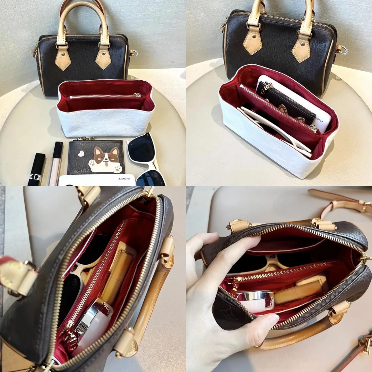 Doxo Upgraded Purse Organizer Insert Compatible with Speedy 25, Le-Pliage Shoulder Medium, Artois/Anjou PM and More, Lightweight DupontPaper Bag Insert with Zip,11 Pockets(Red,M)
