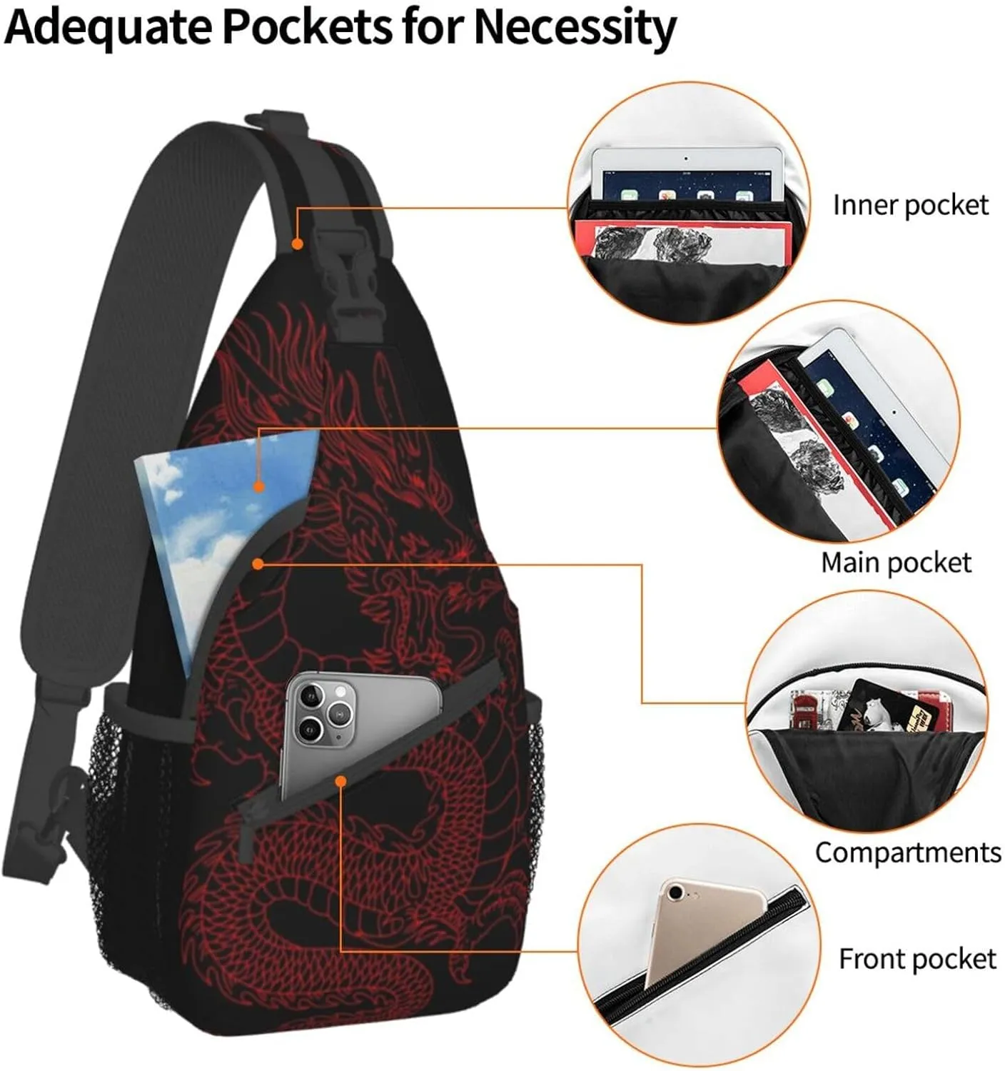 Dragon Pattern Sling Backpack Crossbody Sling Bag for Women Men Multipurpose Travel Hiking Chest Bag Daypack