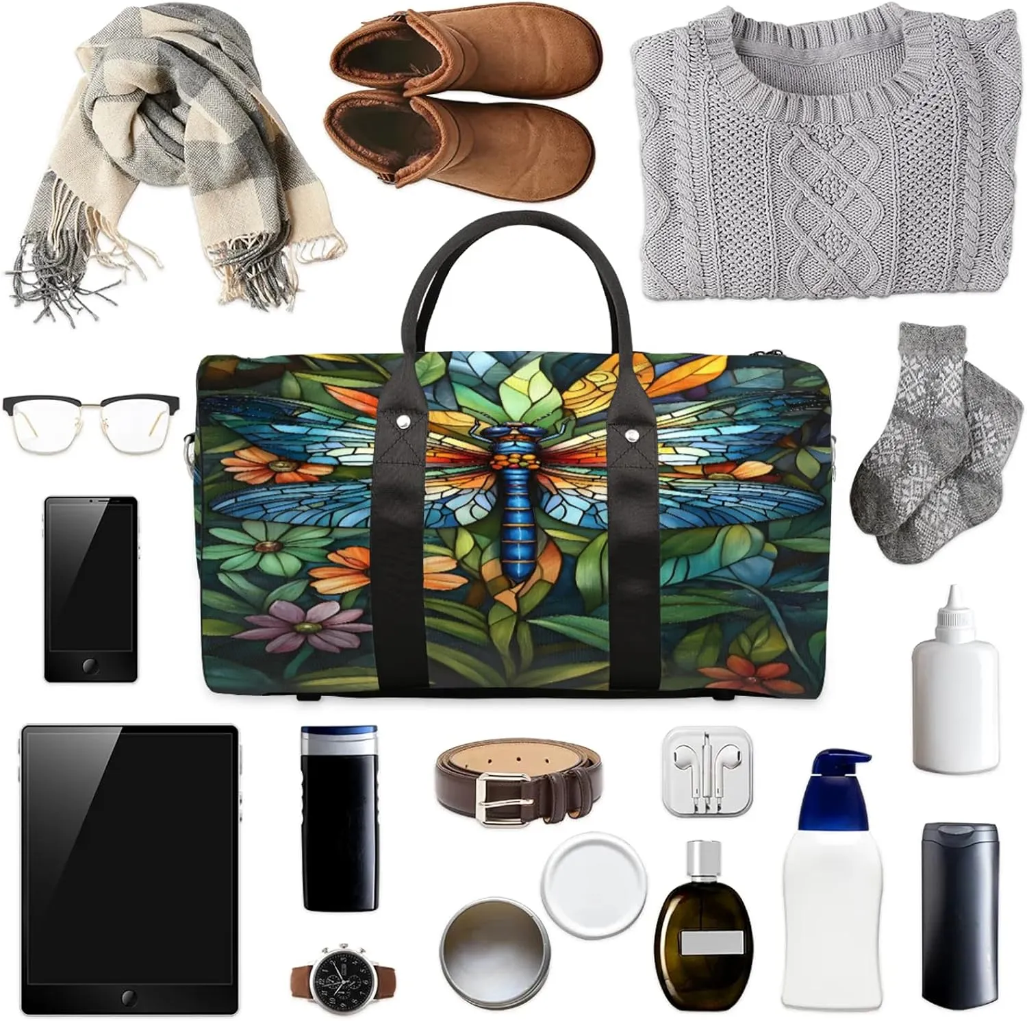 Dragonfly Duffle Bag for Travel, Overnight Weekend Gym Carry On Luggage Bag, Floral Travel Duffel Bag for Men Women