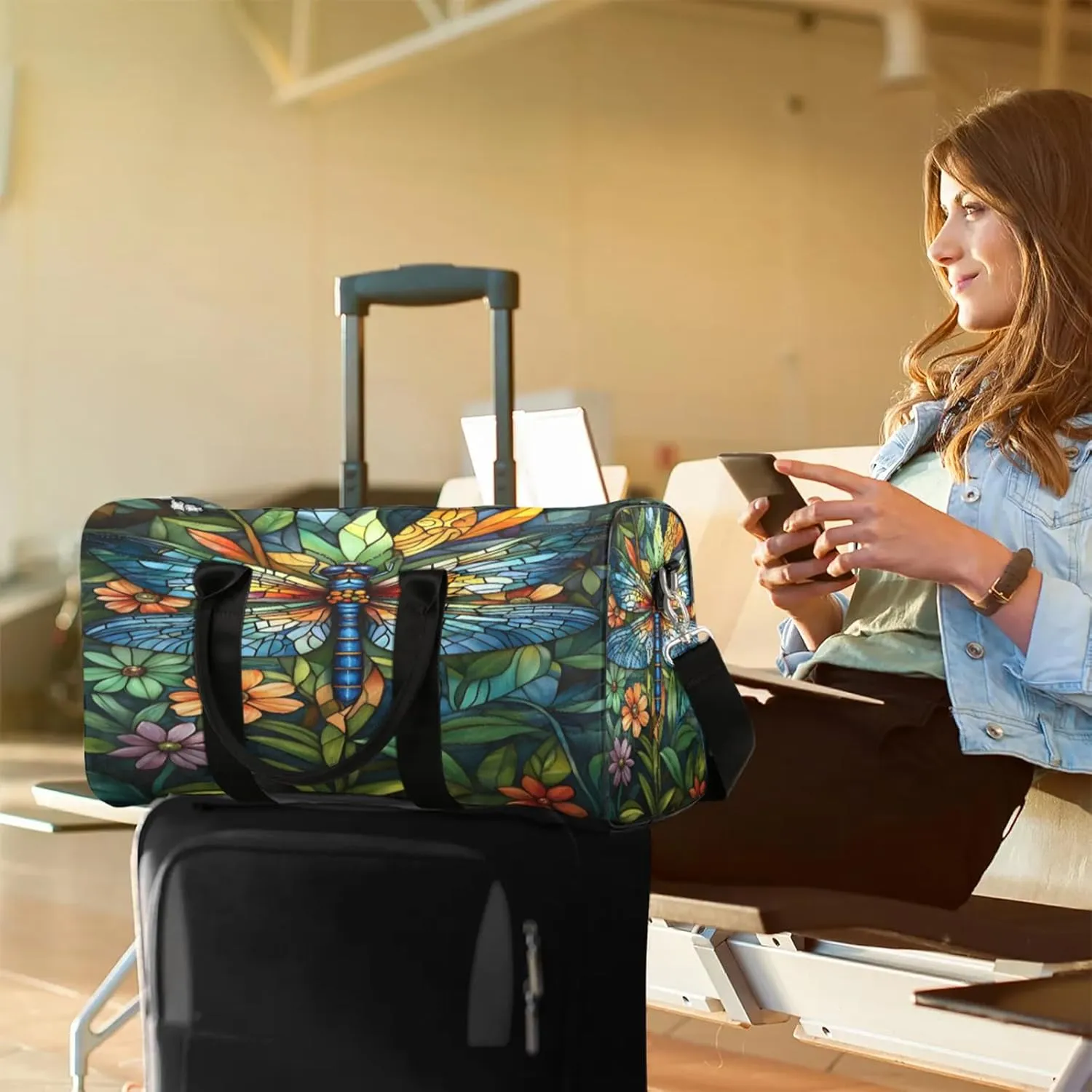 Dragonfly Duffle Bag for Travel, Overnight Weekend Gym Carry On Luggage Bag, Floral Travel Duffel Bag for Men Women