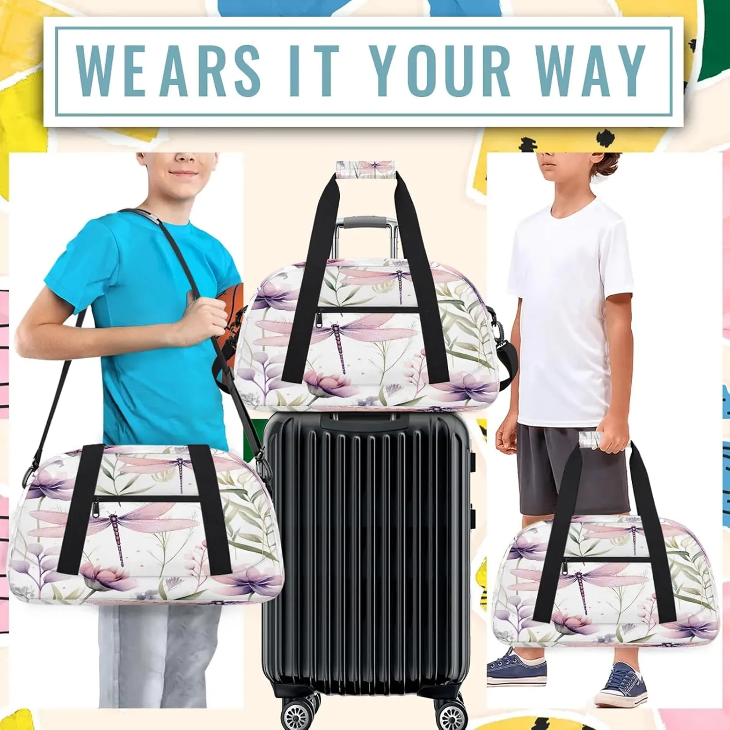 Dragonfly Small Gym Bag 18 inch Carry On Duffel Bag for Weekender Travel Sports Workout Yoga Gymnastics Dance Ballet
