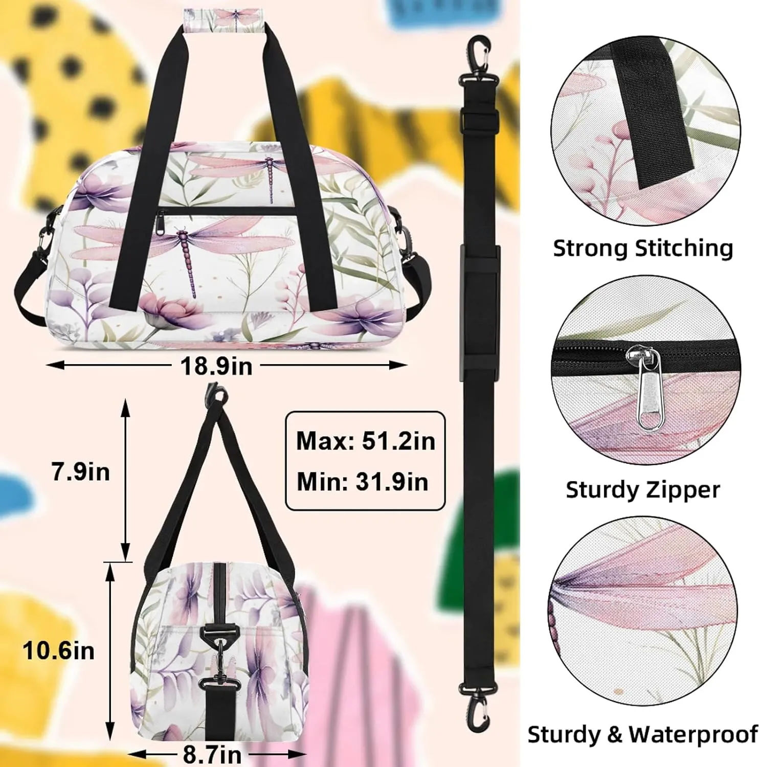 Dragonfly Small Gym Bag 18 inch Carry On Duffel Bag for Weekender Travel Sports Workout Yoga Gymnastics Dance Ballet