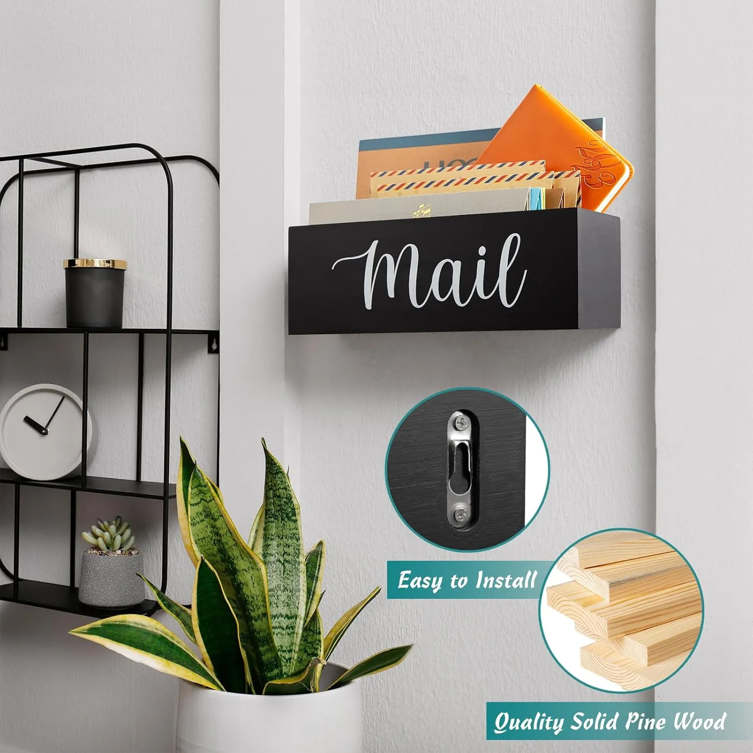 DRASTAR Mail Organizer, Mail Holder with 2 Slots, Mail Basket for Wall Table Countertop, Wood Desk Mail Organizer, Black Envelope Holder for Home Office Decor