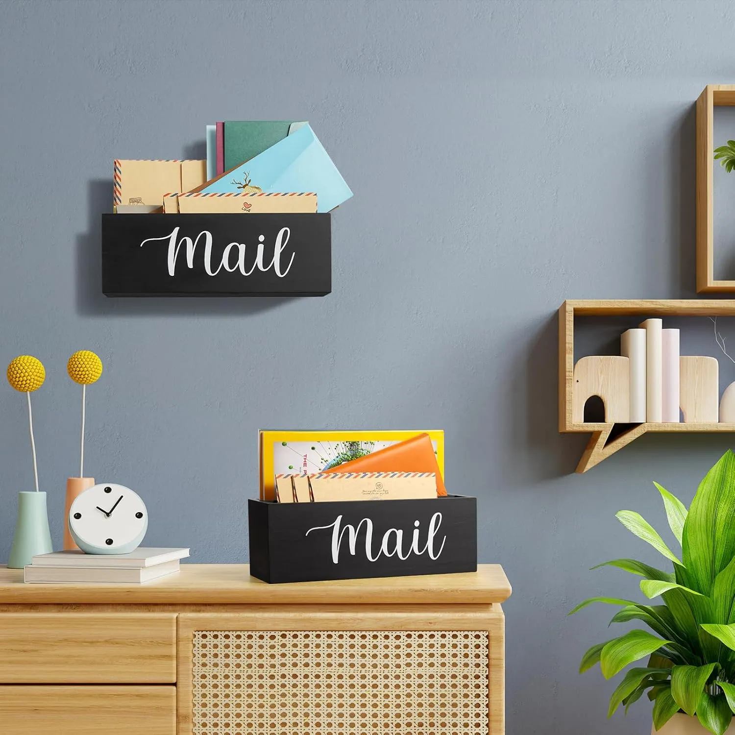 DRASTAR Mail Organizer, Mail Holder with 2 Slots, Mail Basket for Wall Table Countertop, Wood Desk Mail Organizer, Black Envelope Holder for Home Office Decor