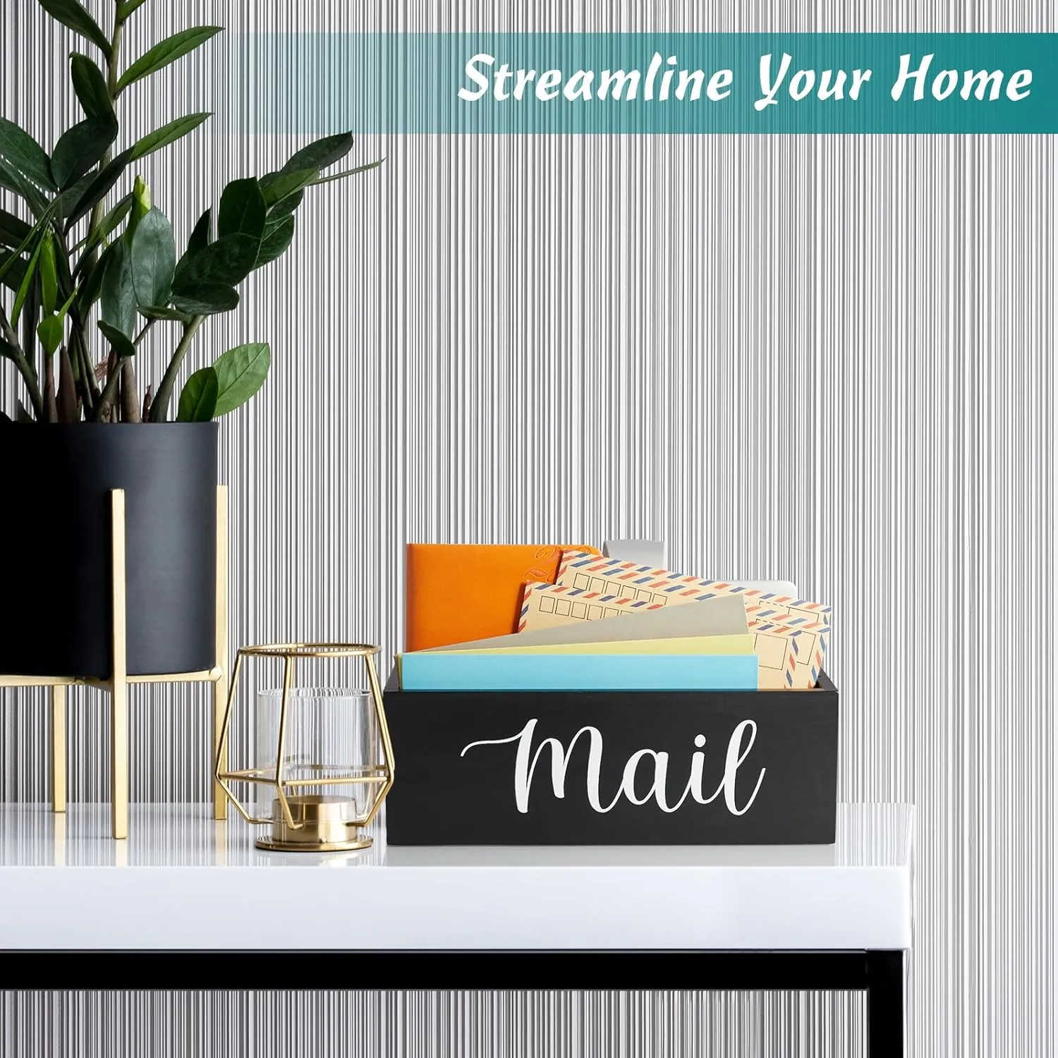 DRASTAR Mail Organizer, Mail Holder with 2 Slots, Mail Basket for Wall Table Countertop, Wood Desk Mail Organizer, Black Envelope Holder for Home Office Decor