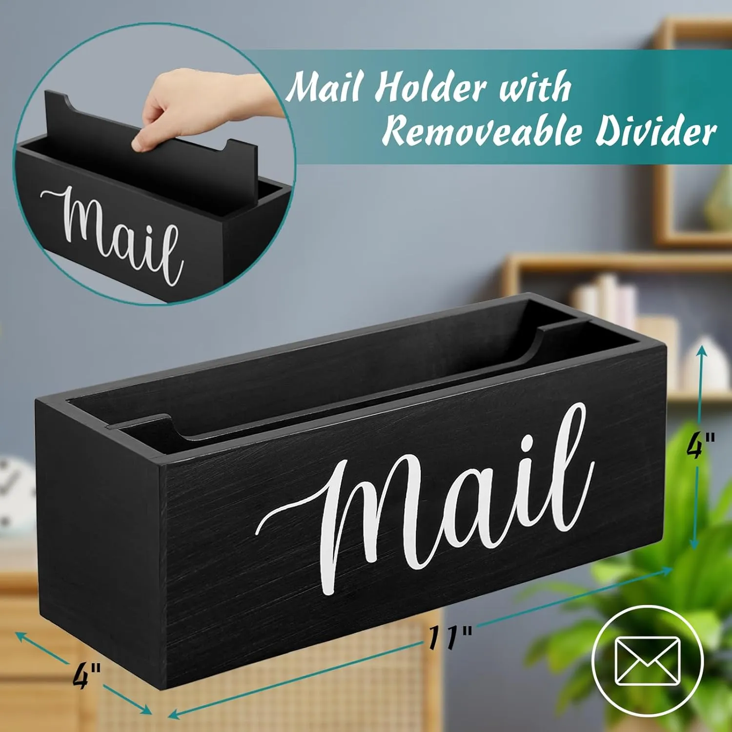DRASTAR Mail Organizer, Mail Holder with 2 Slots, Mail Basket for Wall Table Countertop, Wood Desk Mail Organizer, Black Envelope Holder for Home Office Decor