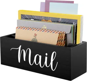 DRASTAR Mail Organizer, Mail Holder with 2 Slots, Mail Basket for Wall Table Countertop, Wood Desk Mail Organizer, Black Envelope Holder for Home Office Decor