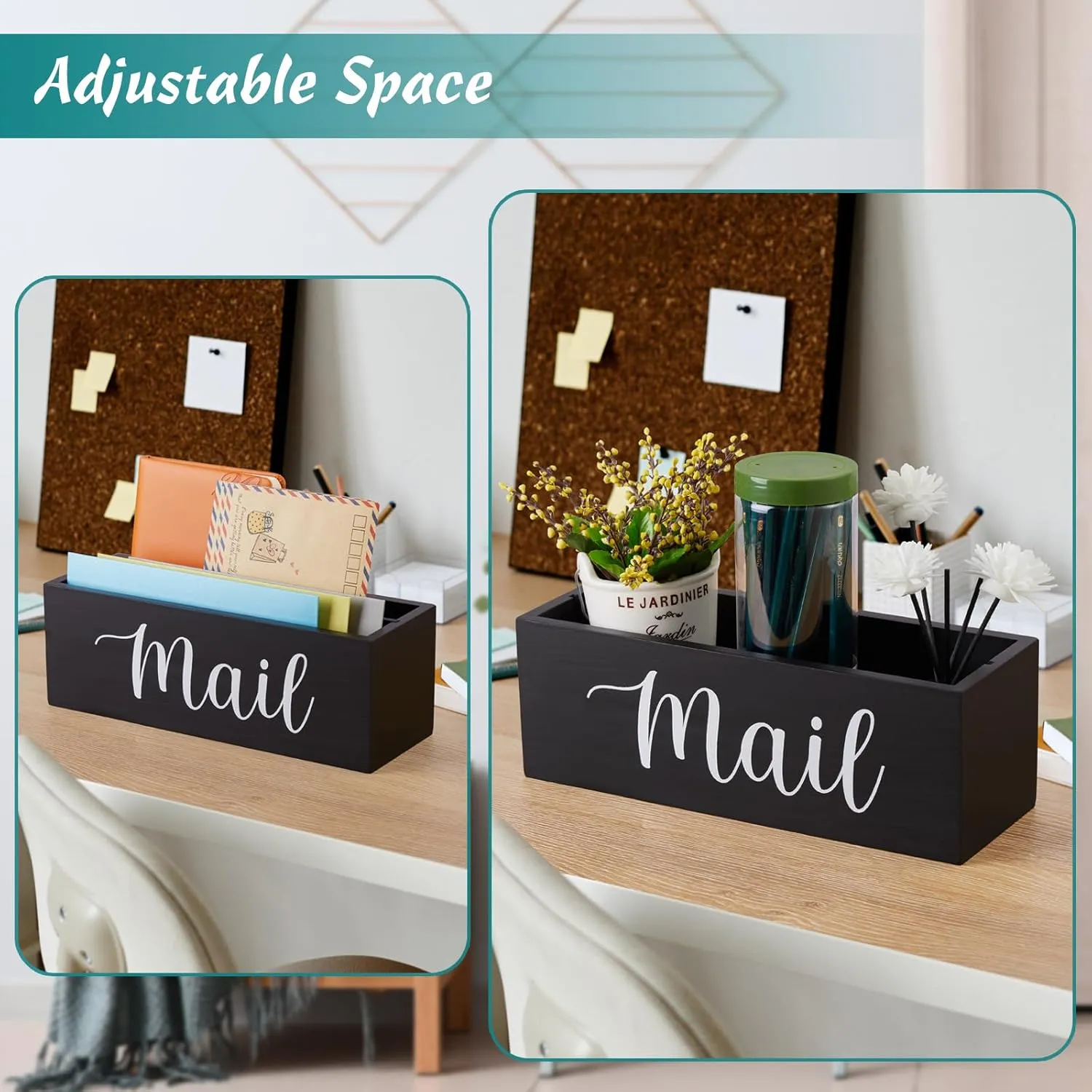DRASTAR Mail Organizer, Mail Holder with 2 Slots, Mail Basket for Wall Table Countertop, Wood Desk Mail Organizer, Black Envelope Holder for Home Office Decor