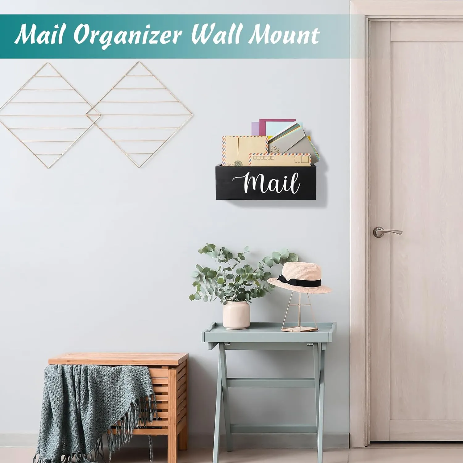 DRASTAR Mail Organizer, Mail Holder with 2 Slots, Mail Basket for Wall Table Countertop, Wood Desk Mail Organizer, Black Envelope Holder for Home Office Decor