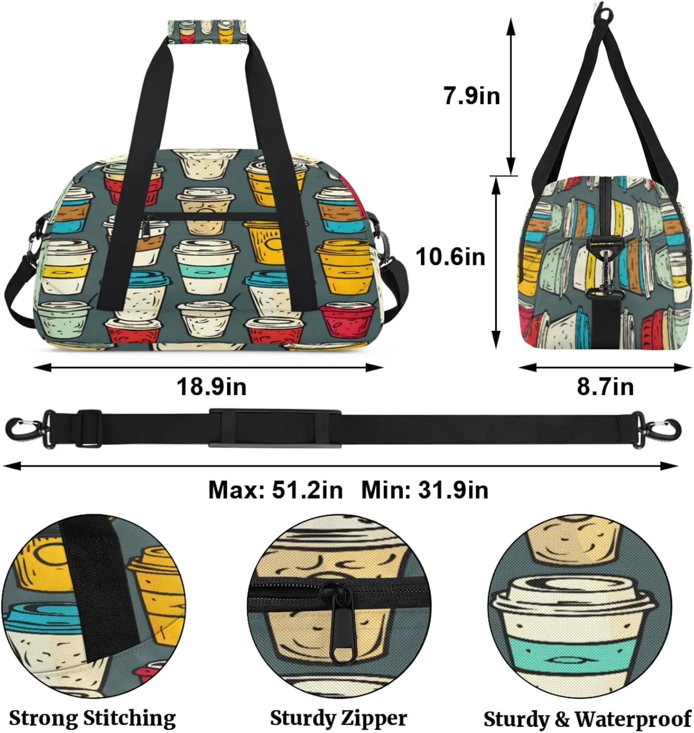 Drink Small Gym Bag for Women Men, Beverages Cups Travel Duffle Bag Workout Dance Tote Bag Carry On Overnight Weekender Bag