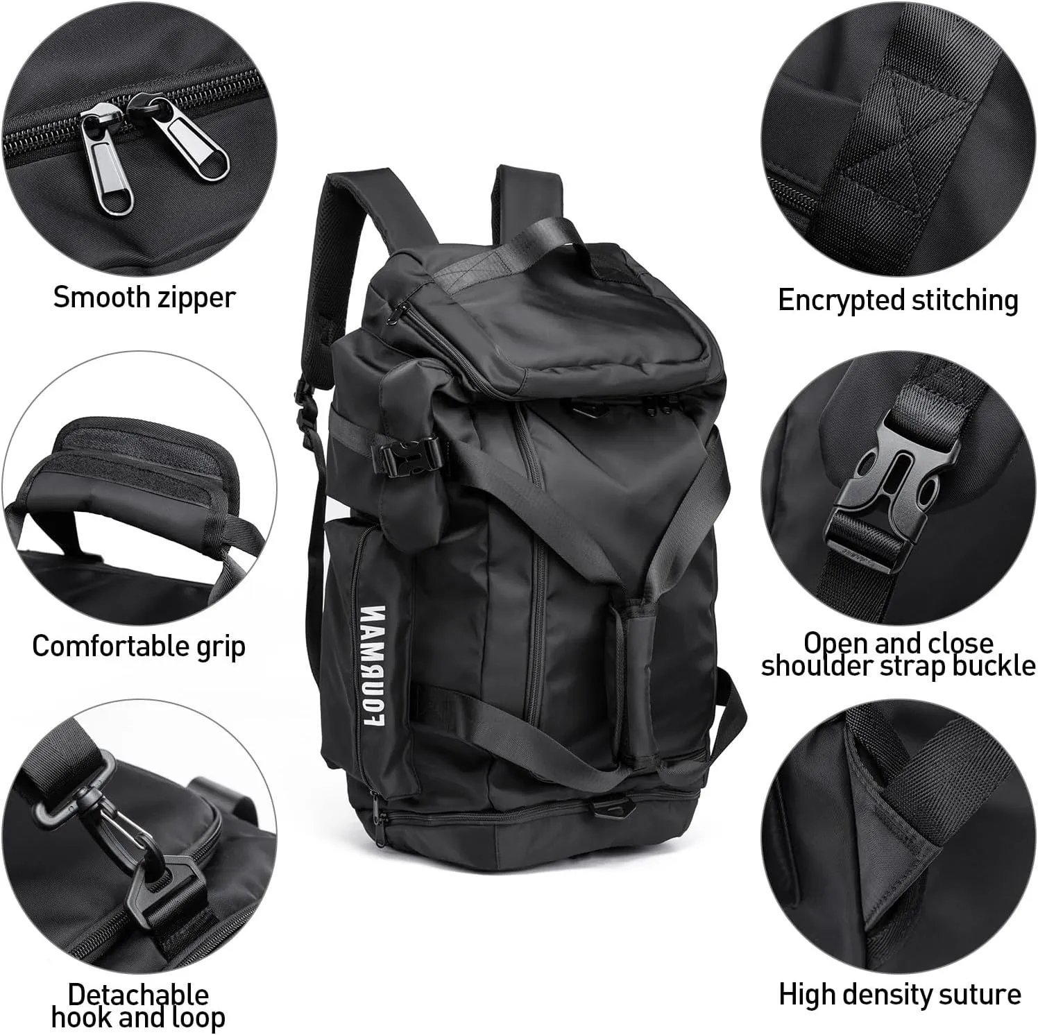 Duffle Backpack Bag with Shoe Compartment, 3 in 1 Weekend Duffel Gym Backpack for Men Waterproof Lightweight Sports Bags for Travel (Black)