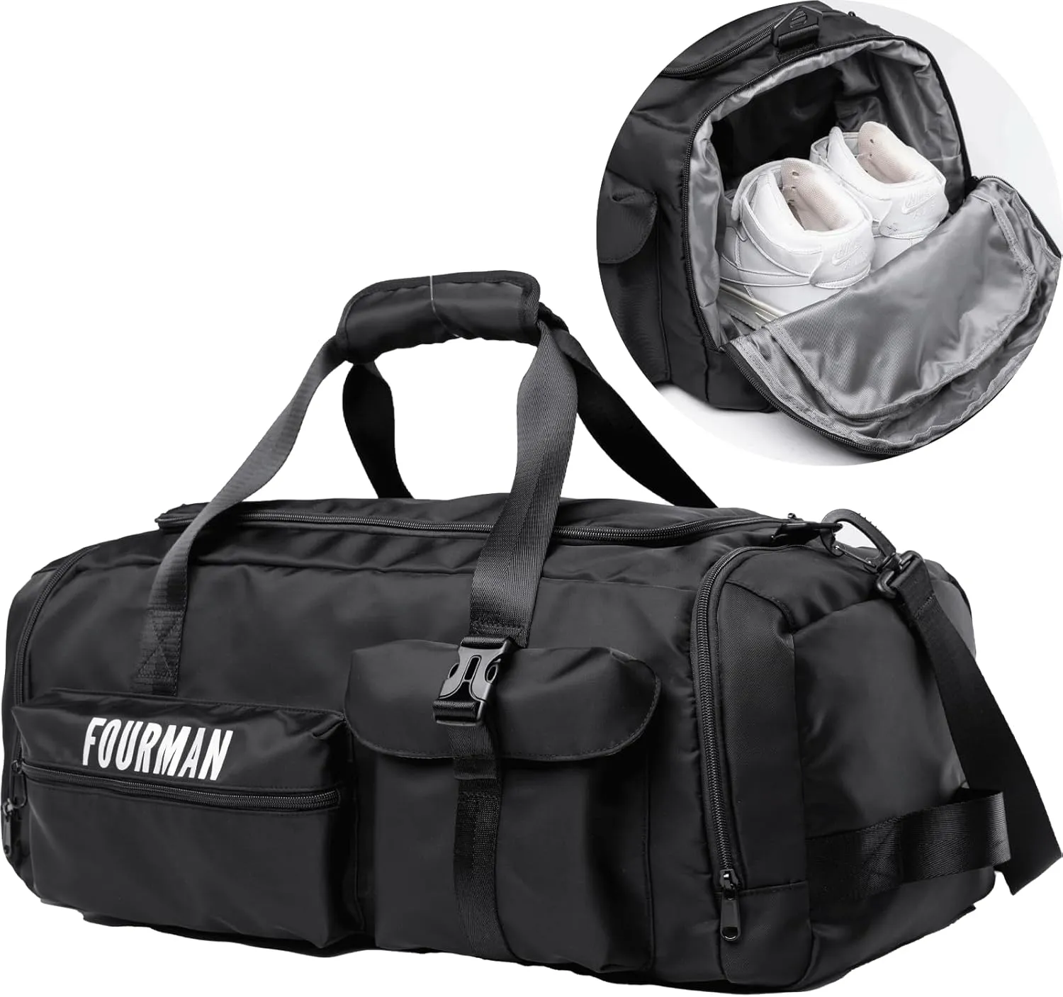 Duffle Backpack Bag with Shoe Compartment, 3 in 1 Weekend Duffel Gym Backpack for Men Waterproof Lightweight Sports Bags for Travel (Black)