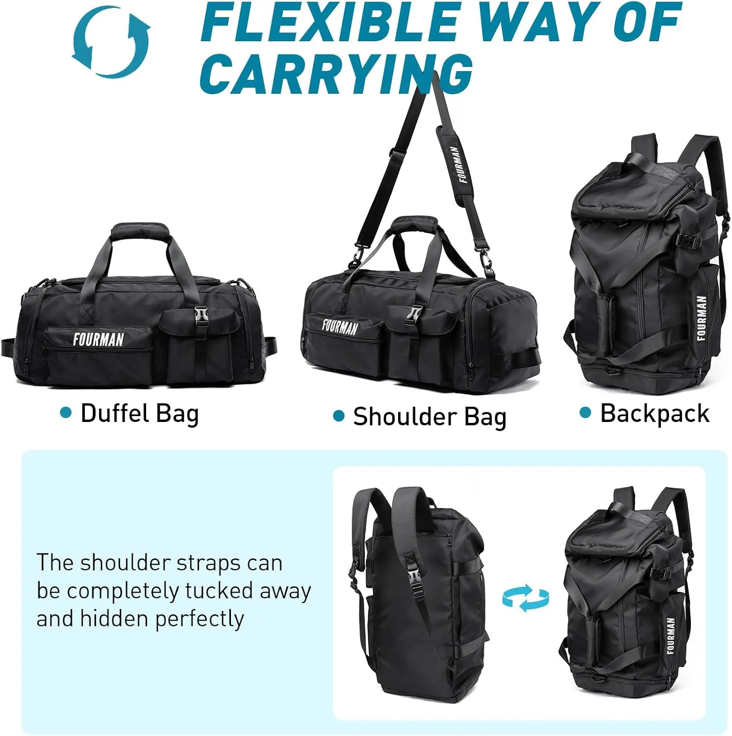 Duffle Backpack Bag with Shoe Compartment, 3 in 1 Weekend Duffel Gym Backpack for Men Waterproof Lightweight Sports Bags for Travel (Black)