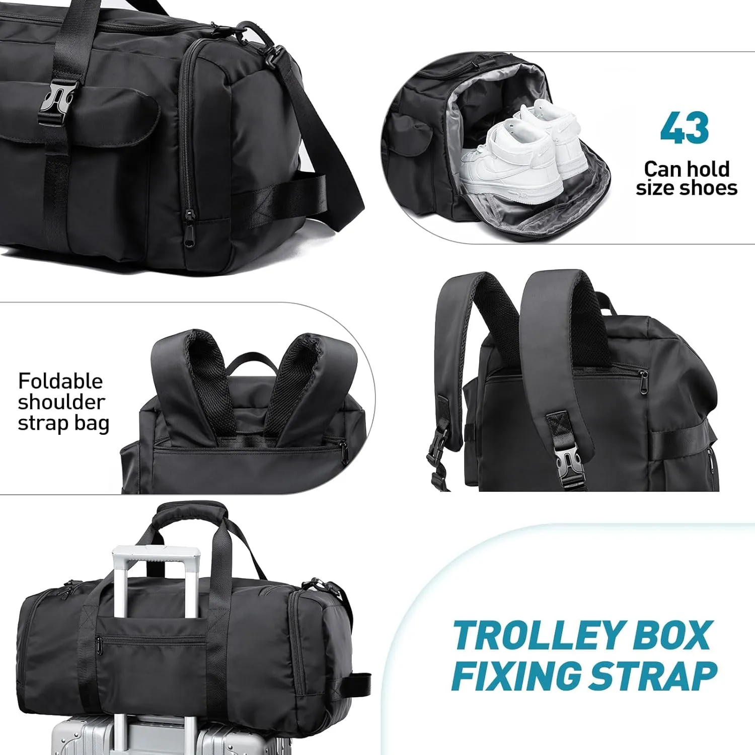Duffle Backpack Bag with Shoe Compartment, 3 in 1 Weekend Duffel Gym Backpack for Men Waterproof Lightweight Sports Bags for Travel (Black)