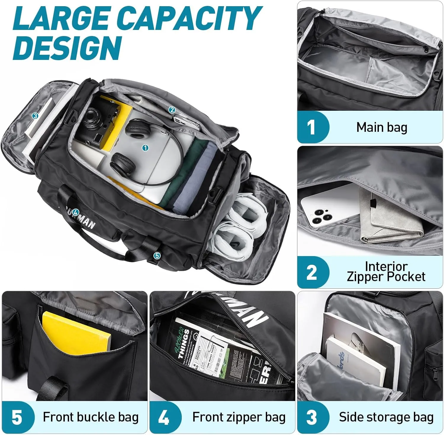 Duffle Backpack Bag with Shoe Compartment, 3 in 1 Weekend Duffel Gym Backpack for Men Waterproof Lightweight Sports Bags for Travel (Black)