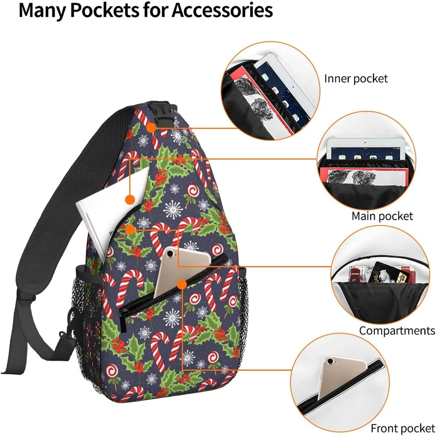 Dujiea Crossbody Backpack For Men Women Sling Bag, Christmas Candy Cane Chest Shoulder Bag Lightweight One Strap Backpack Multipurpose Travel Hiking Daypack