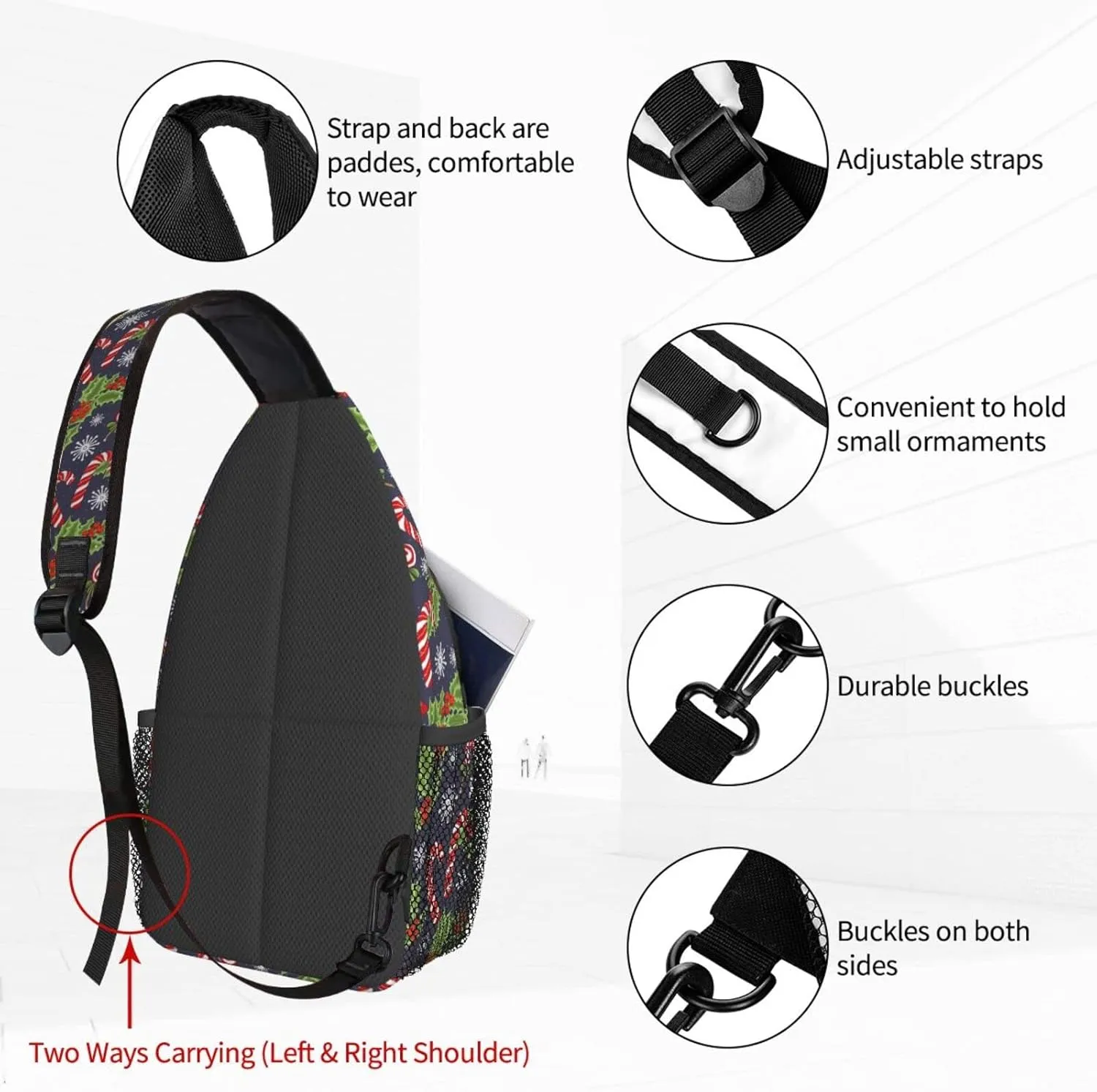 Dujiea Crossbody Backpack For Men Women Sling Bag, Christmas Candy Cane Chest Shoulder Bag Lightweight One Strap Backpack Multipurpose Travel Hiking Daypack