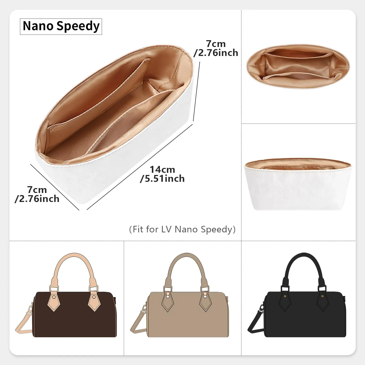 Dupontpaper Purse Organizer Insert Compatible with LV Nano Speedy, Lightweight Tote Bag Organizer Insert with Zip and Pockets, (White, Nano)